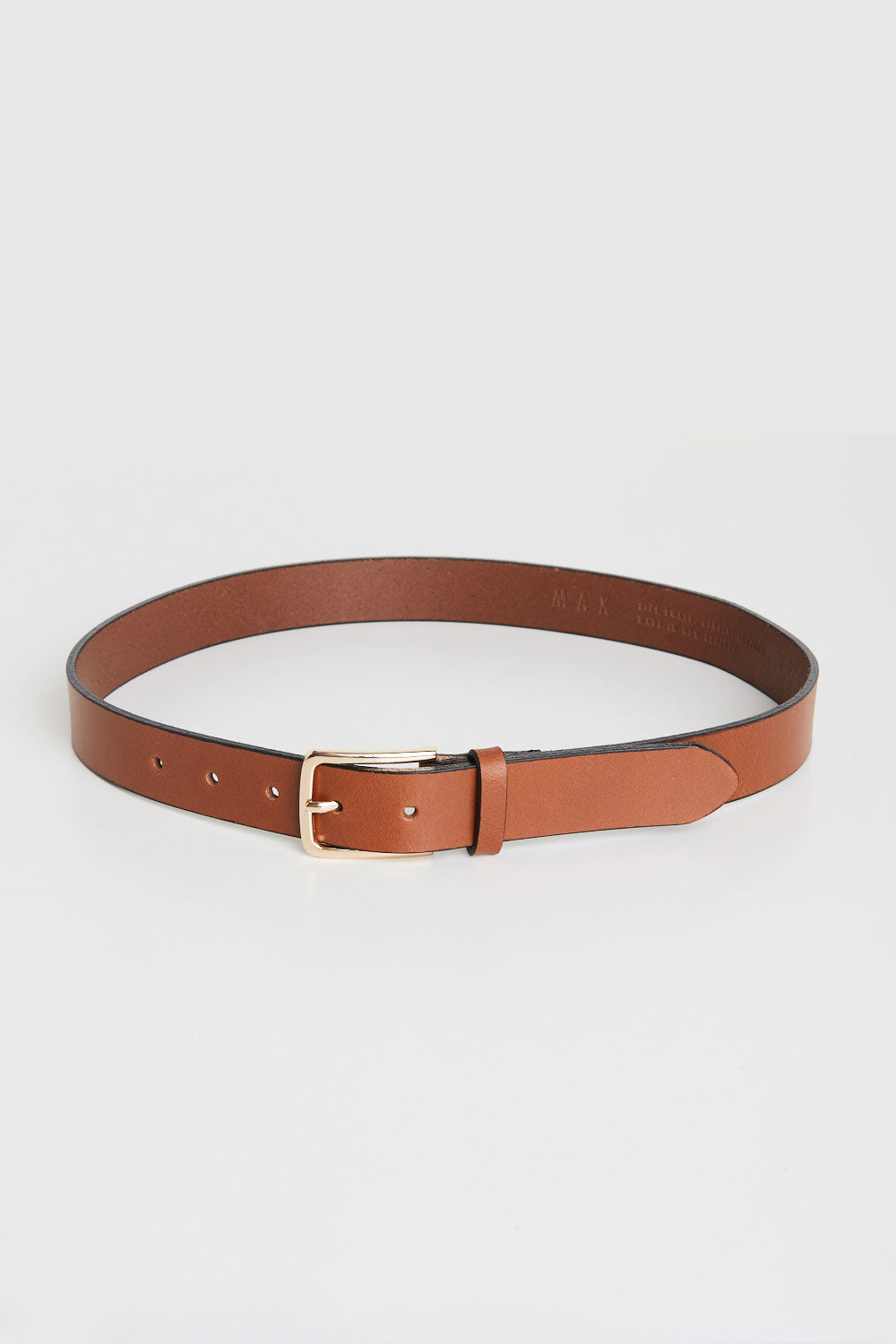 Max Perfect Leather Jean Belt with gold buckle on a white background.