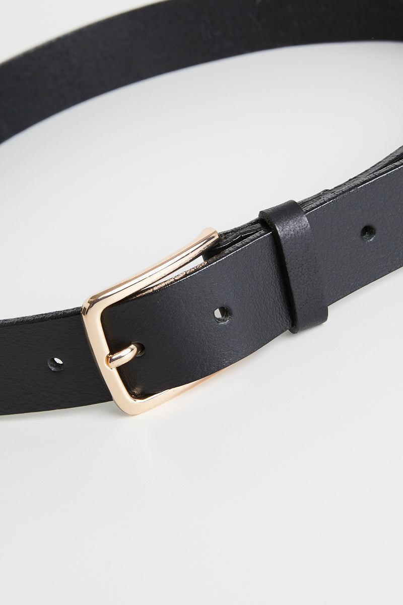 Max Perfect Leather Jean Belt in black with gold buckle on a white background.