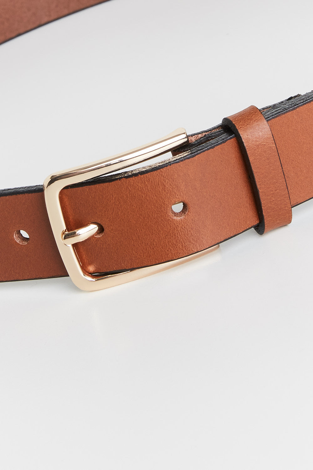 Max Perfect Leather Jean Belt, brown with gold buckle, shown on white background.
