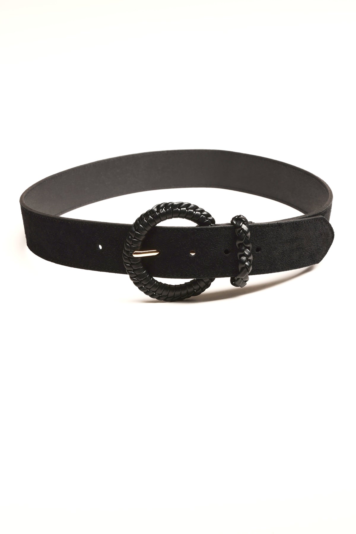 Max Tilly Whip Stitch Belt in black suede with round textured buckle on white background.
