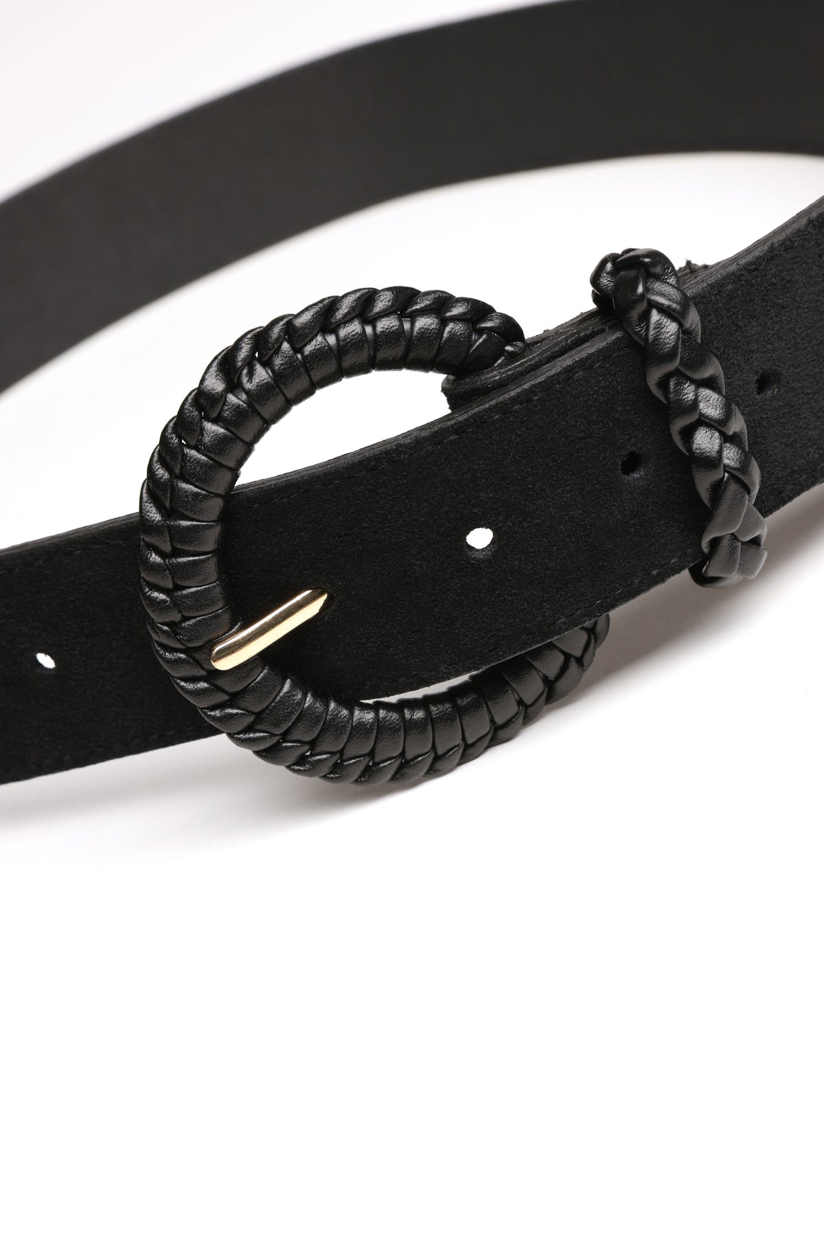 Max Tilly Whip Stitch Belt with round braided buckle and loop on a white background.