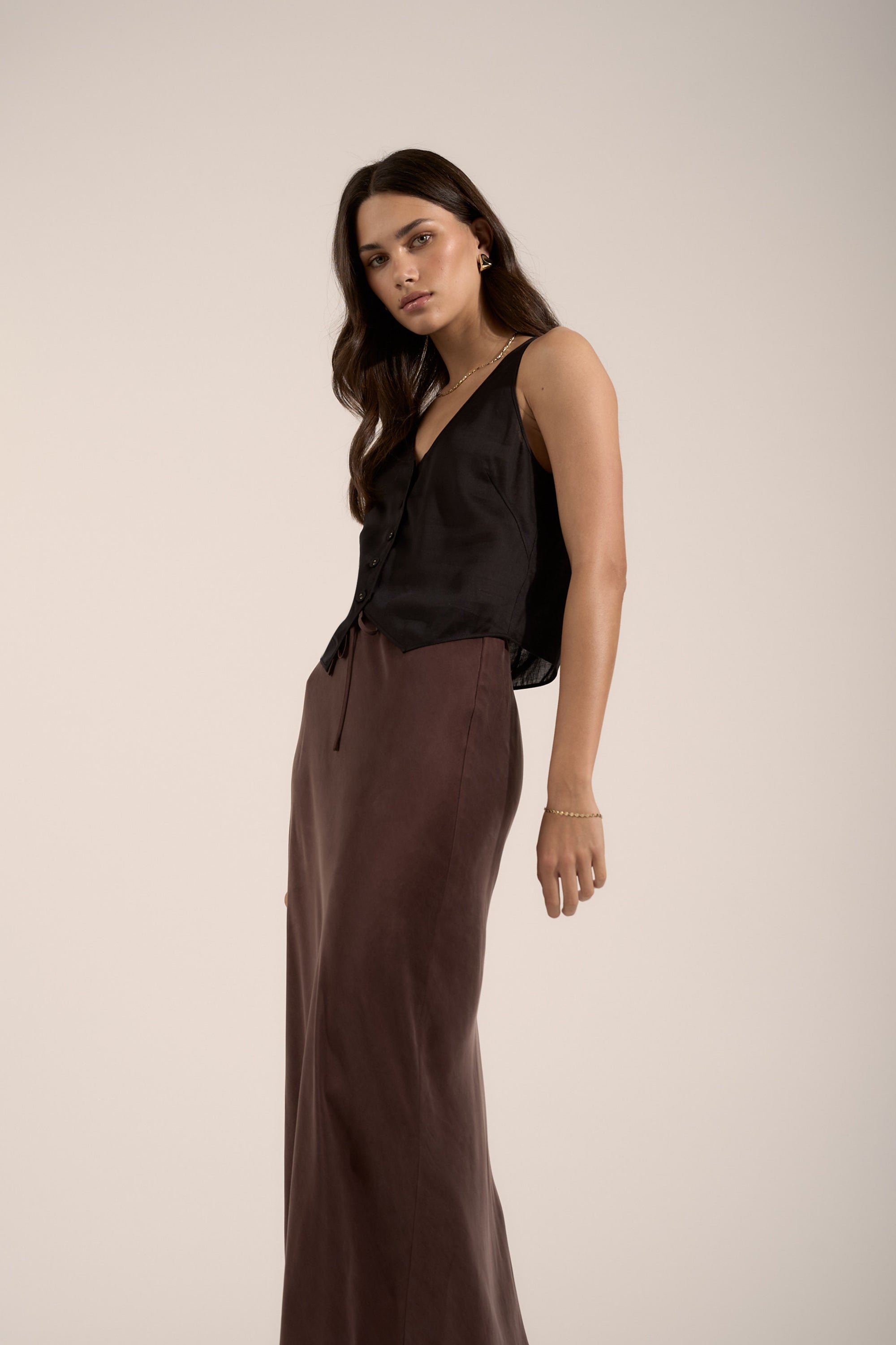 Max Tia Sheer Vest Top and brown skirt, from our Best Dressed Guest collection.