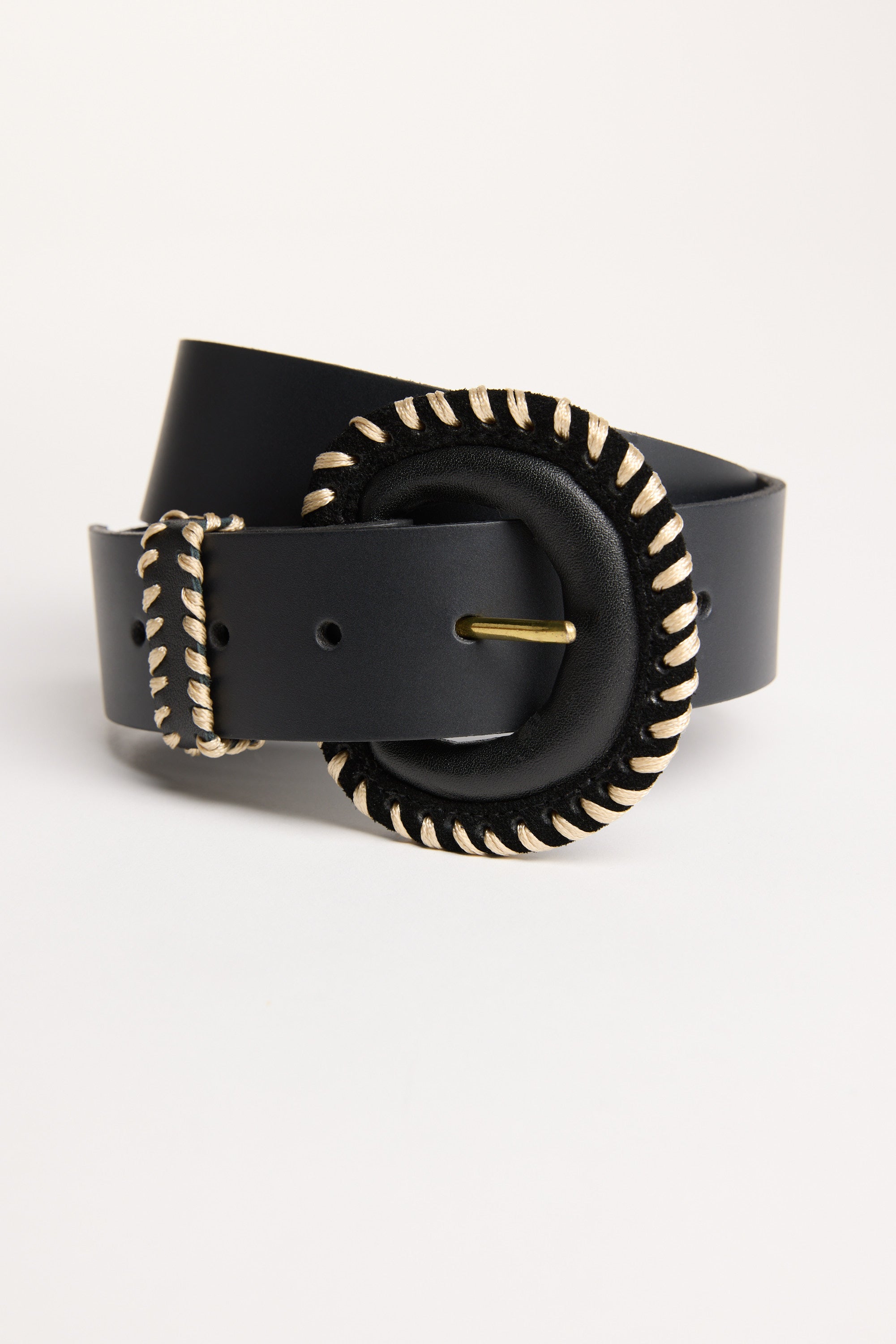 Max The Contrast Stitch Belt: black leather, round gold buckle, contrast stitching, NZ made.