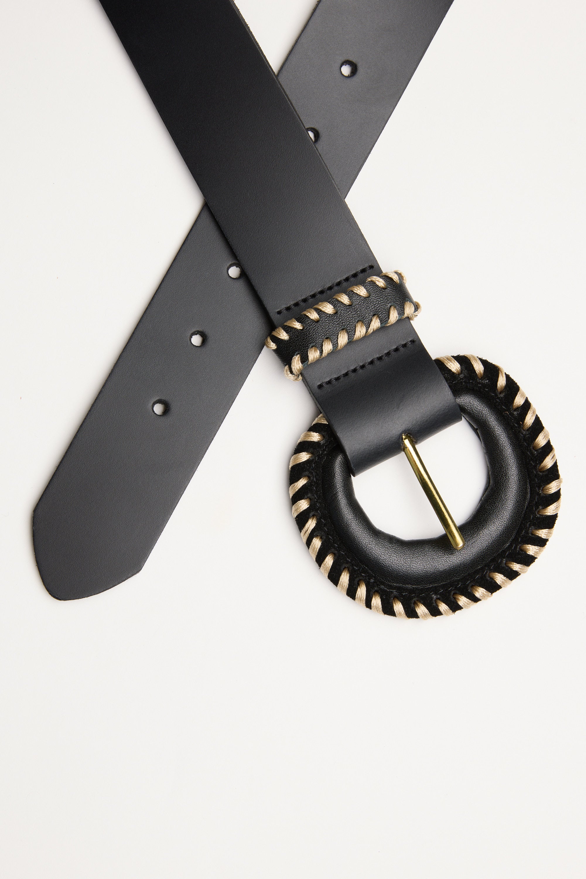 The Contrast Stitch Belt by Max, round buckle, NZ made, shown on a white background.