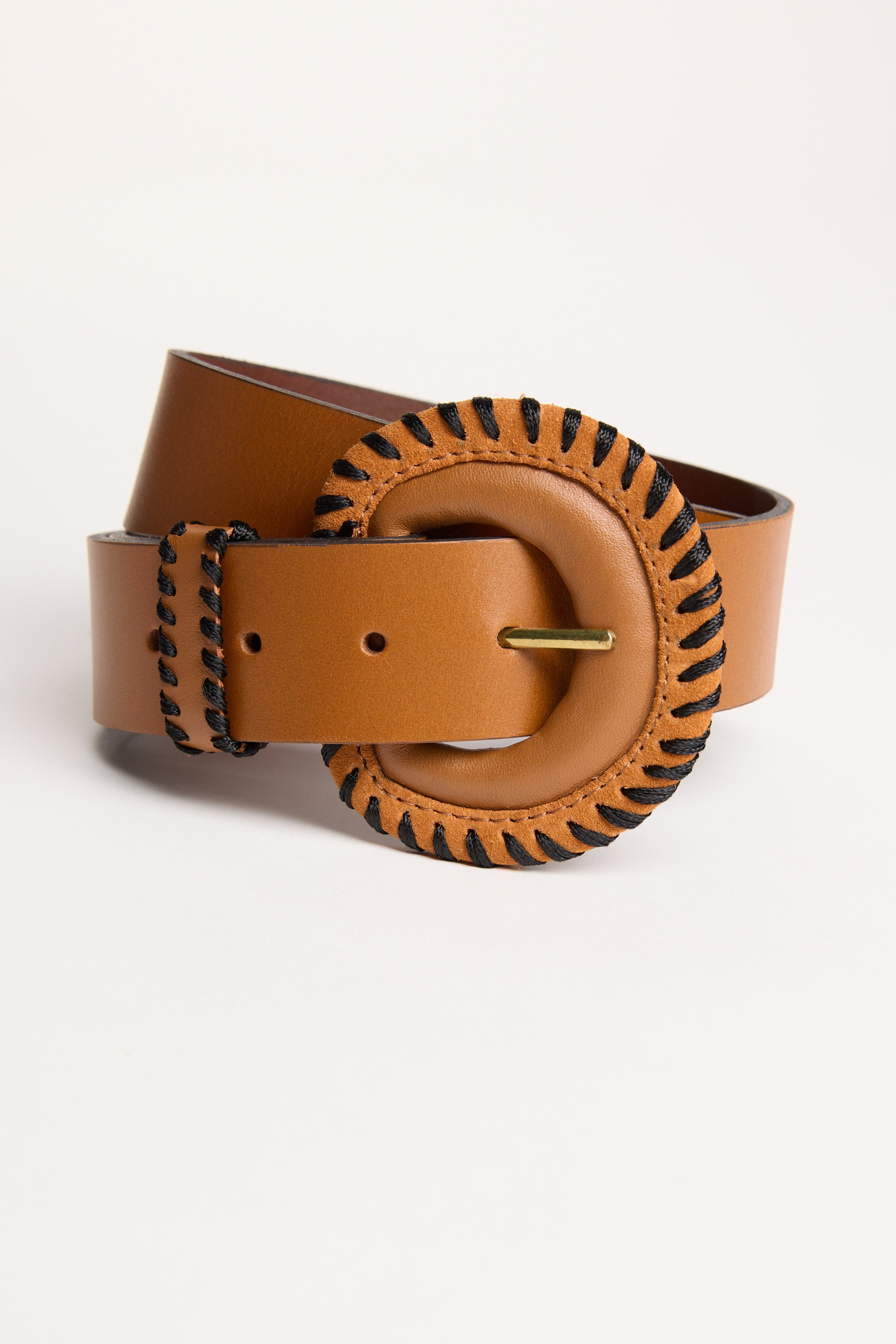 The Contrast Stitch Belt by Max: brown leather, round buckle, bold black stitching, NZ made.