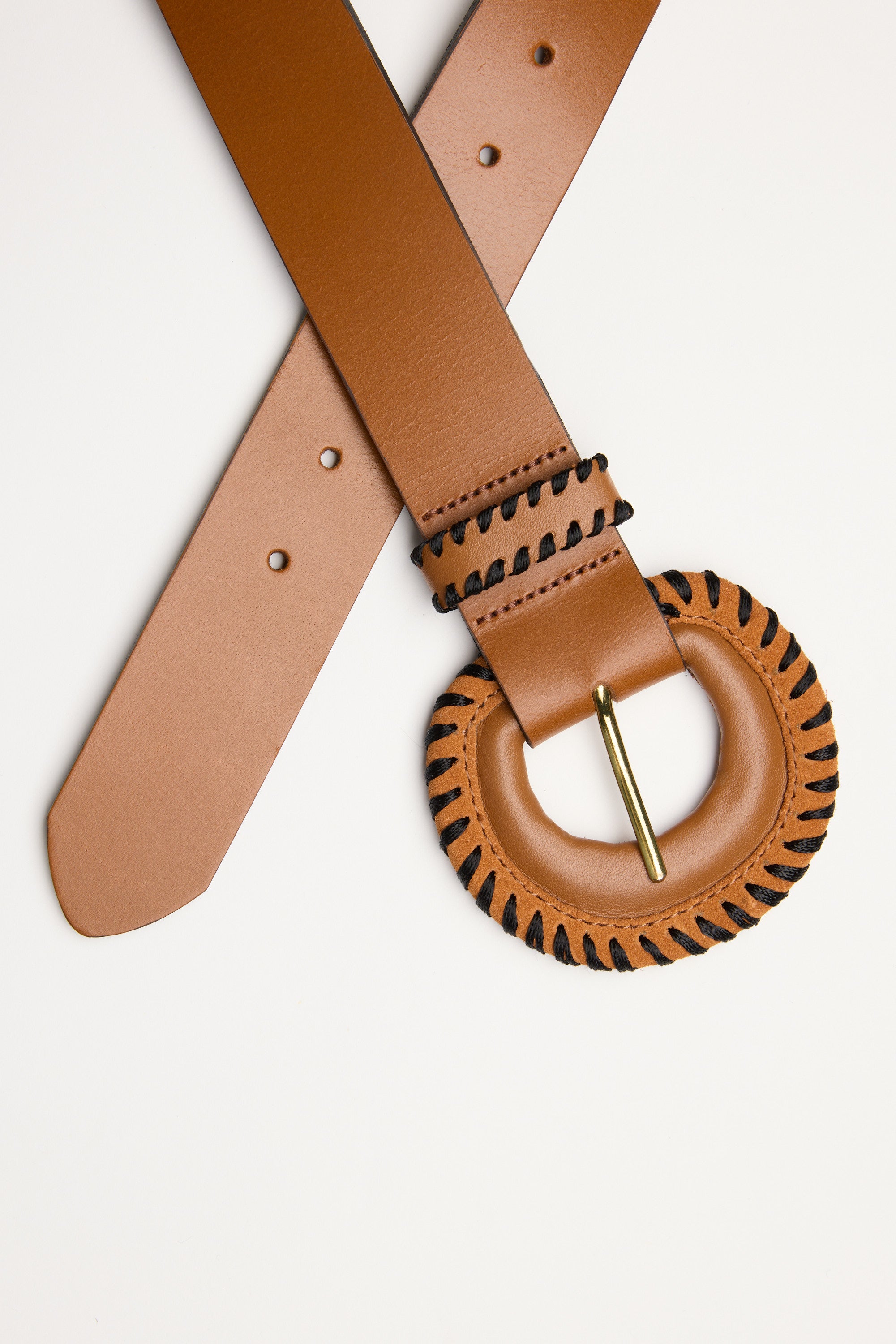 Max The Contrast Stitch Belt: brown leather with contrast stitching and round buckle, NZ made.