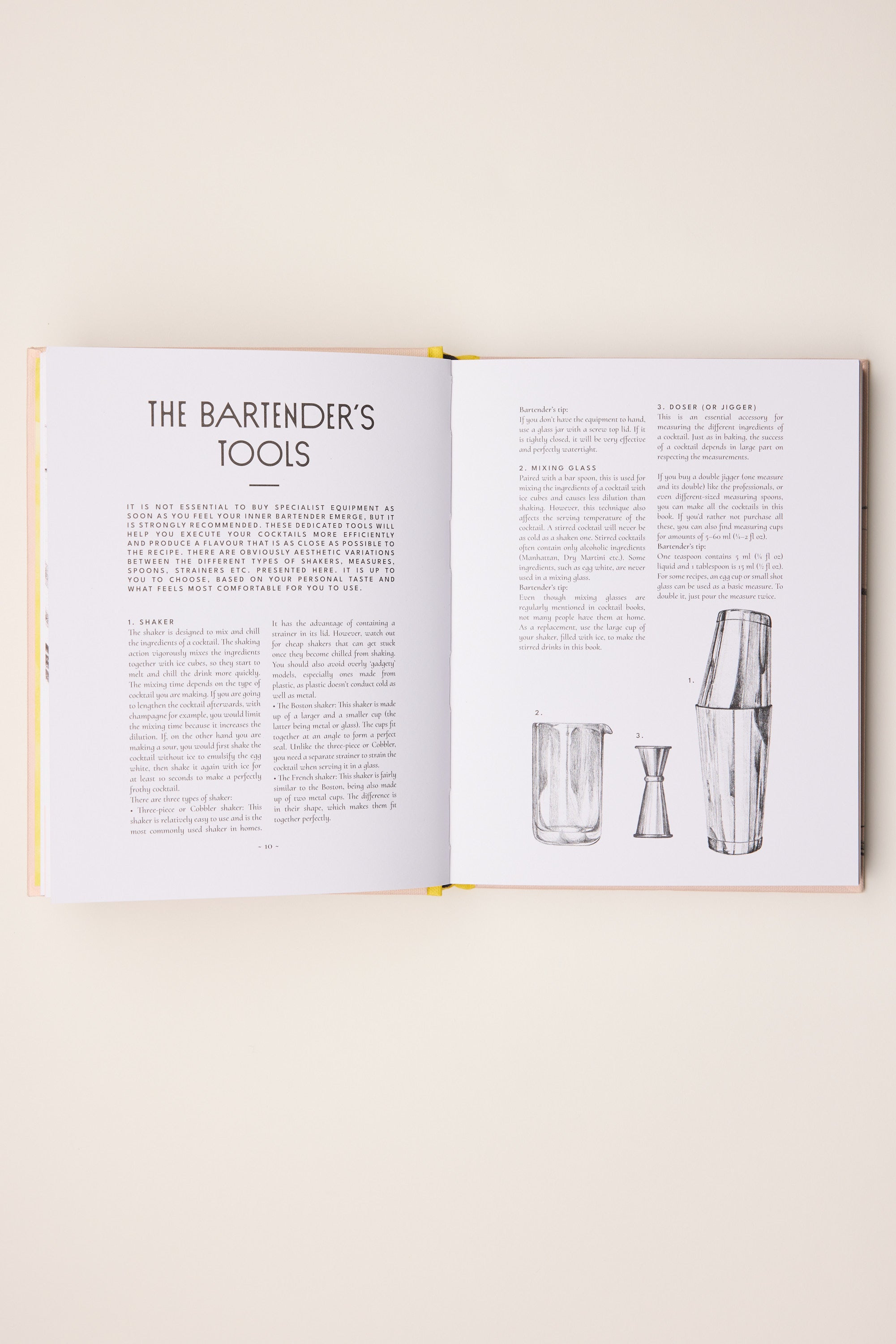 The Cult Cocktails Book by Other shows a section called The Bartender’s Tools, with text and black-and-white sketches of a mixing glass, jigger, and shaker—perfect for home bartenders eager to explore new cocktail recipes.
