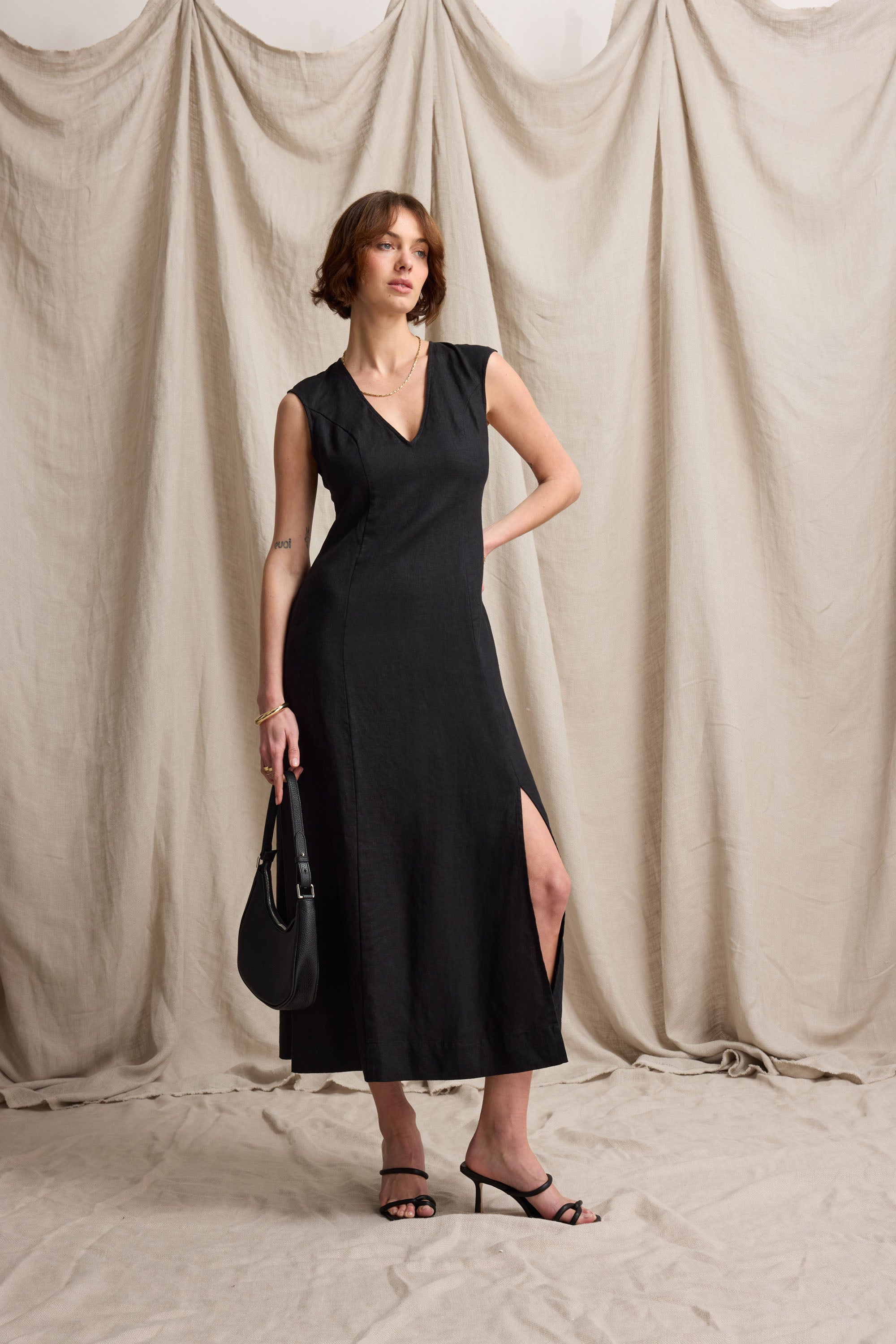 Shop Alice V Neck Linen Dress (Black) | Max Shop Alice V Neck Linen Dress (Black) | Max