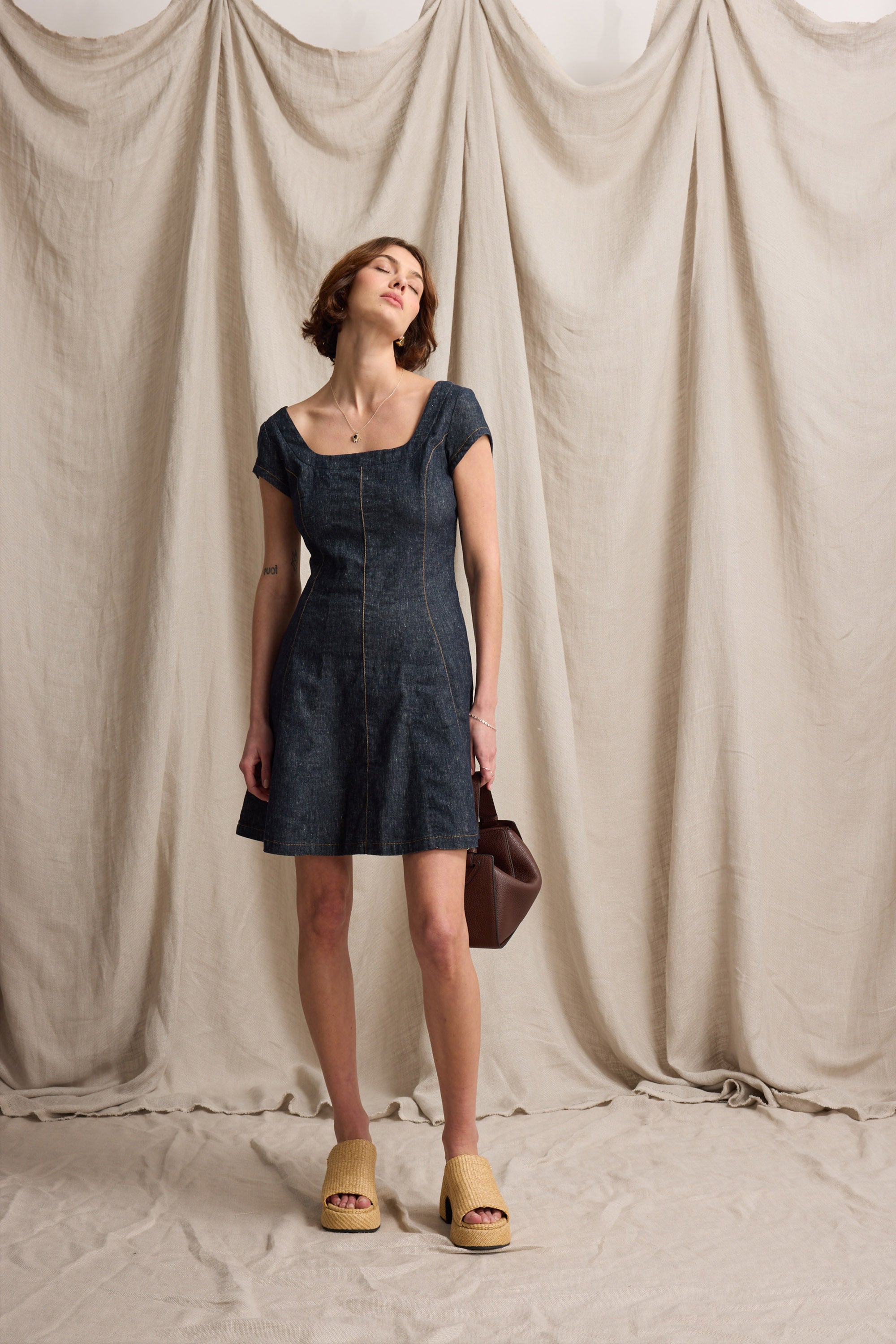 max studio linen dress Shop The Cap Sleeve (Dark Indigo) Size:Small (0/2) st-patrick notched collar Dolce & Gabbana Brown