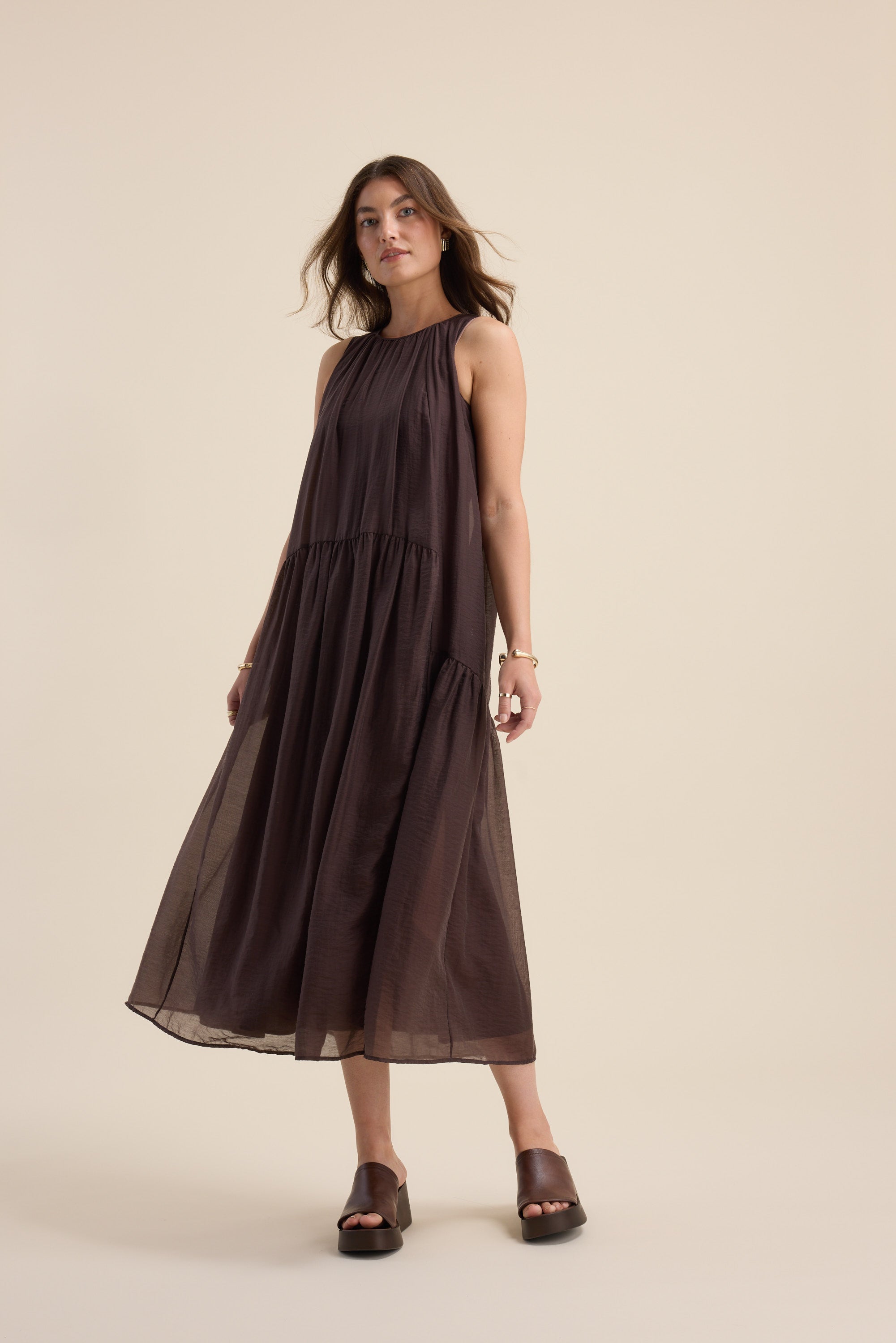 Shop Alana Gather Detail Dress (Chocolate Chip)