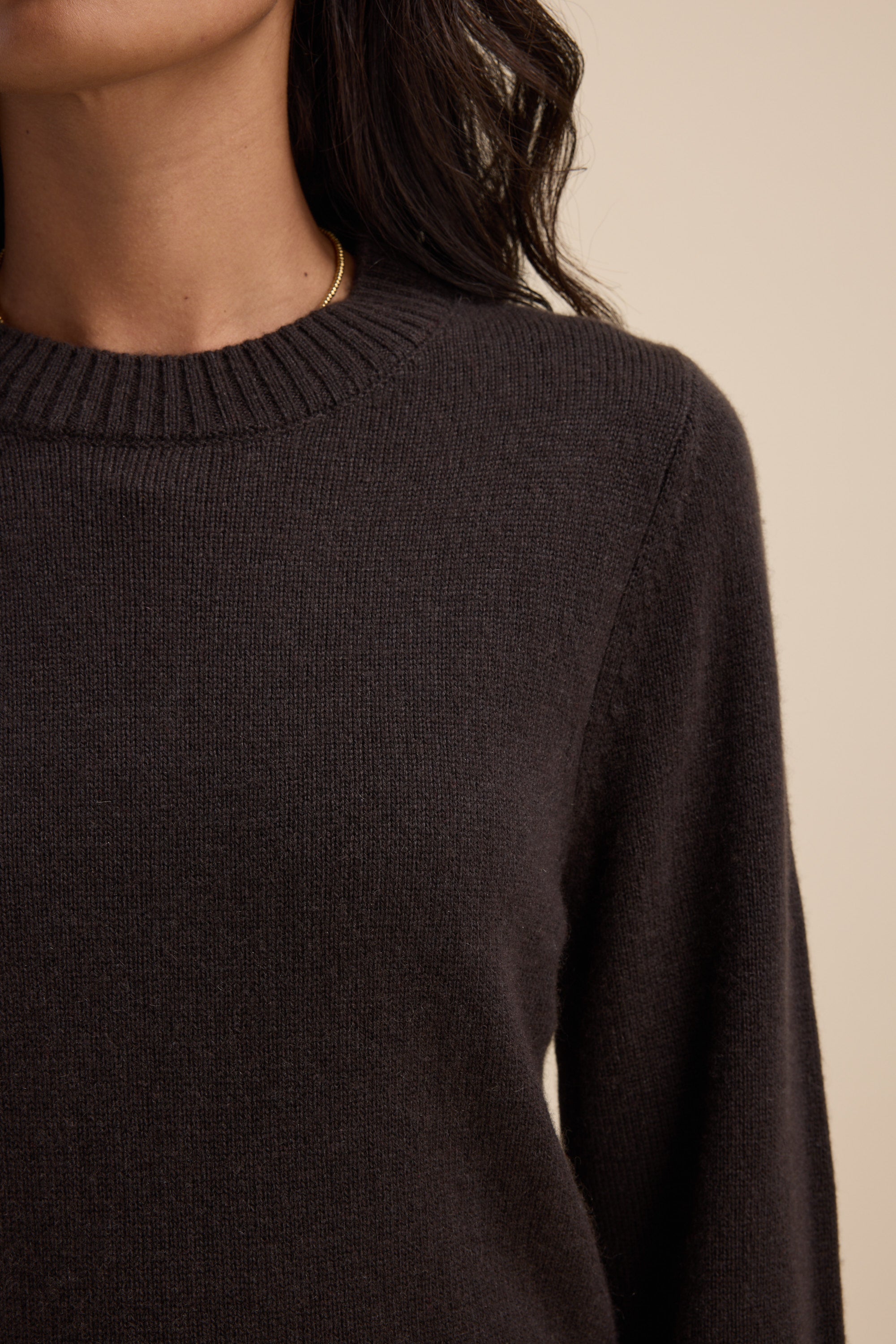 Woman in Elementary Cashmere Blend Crew Neck Sweater, upper body and partial face shown.