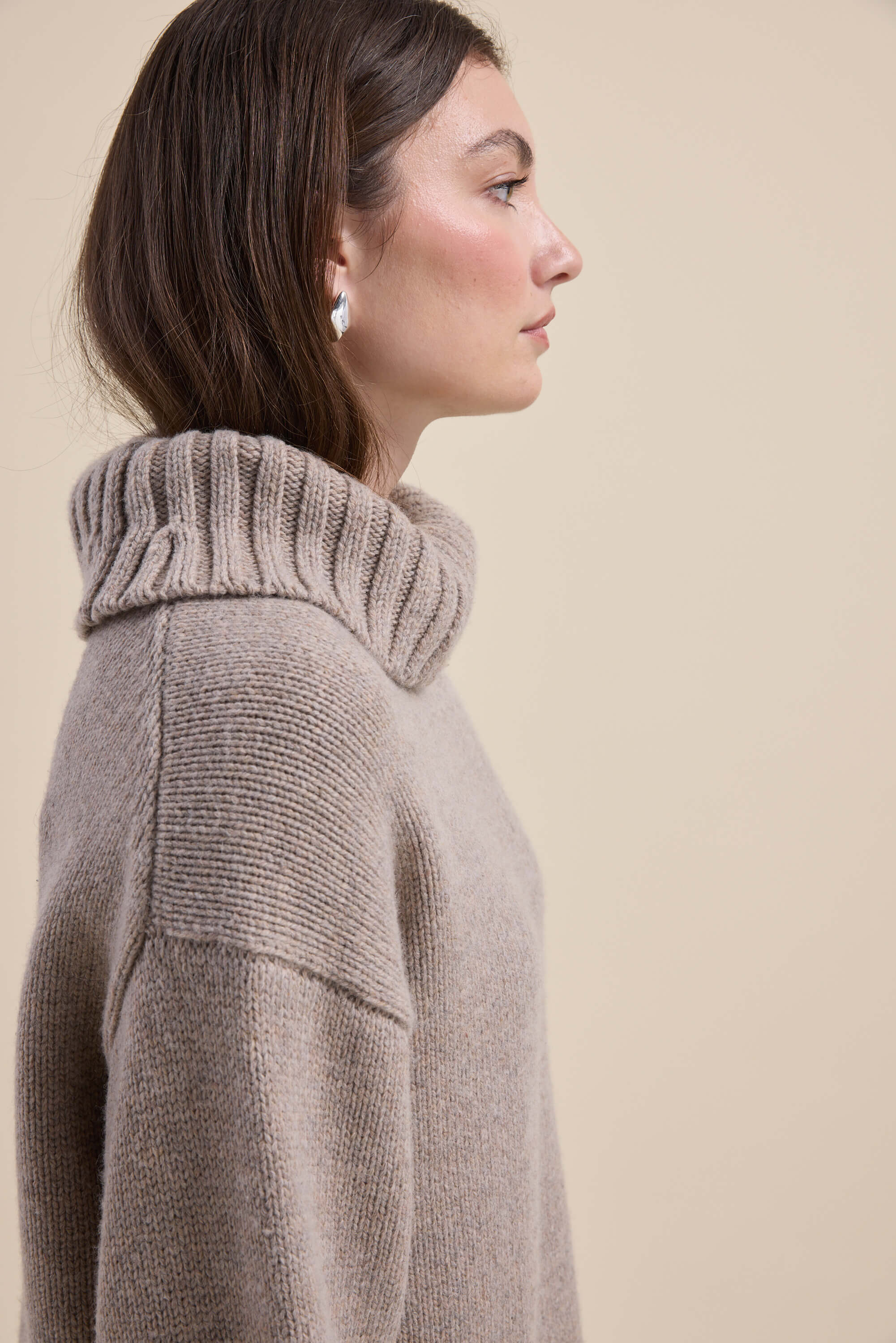 Woman in profile wears Max Holly Wool Blend Roll Neck Sweater and silver earrings, plain backdrop.