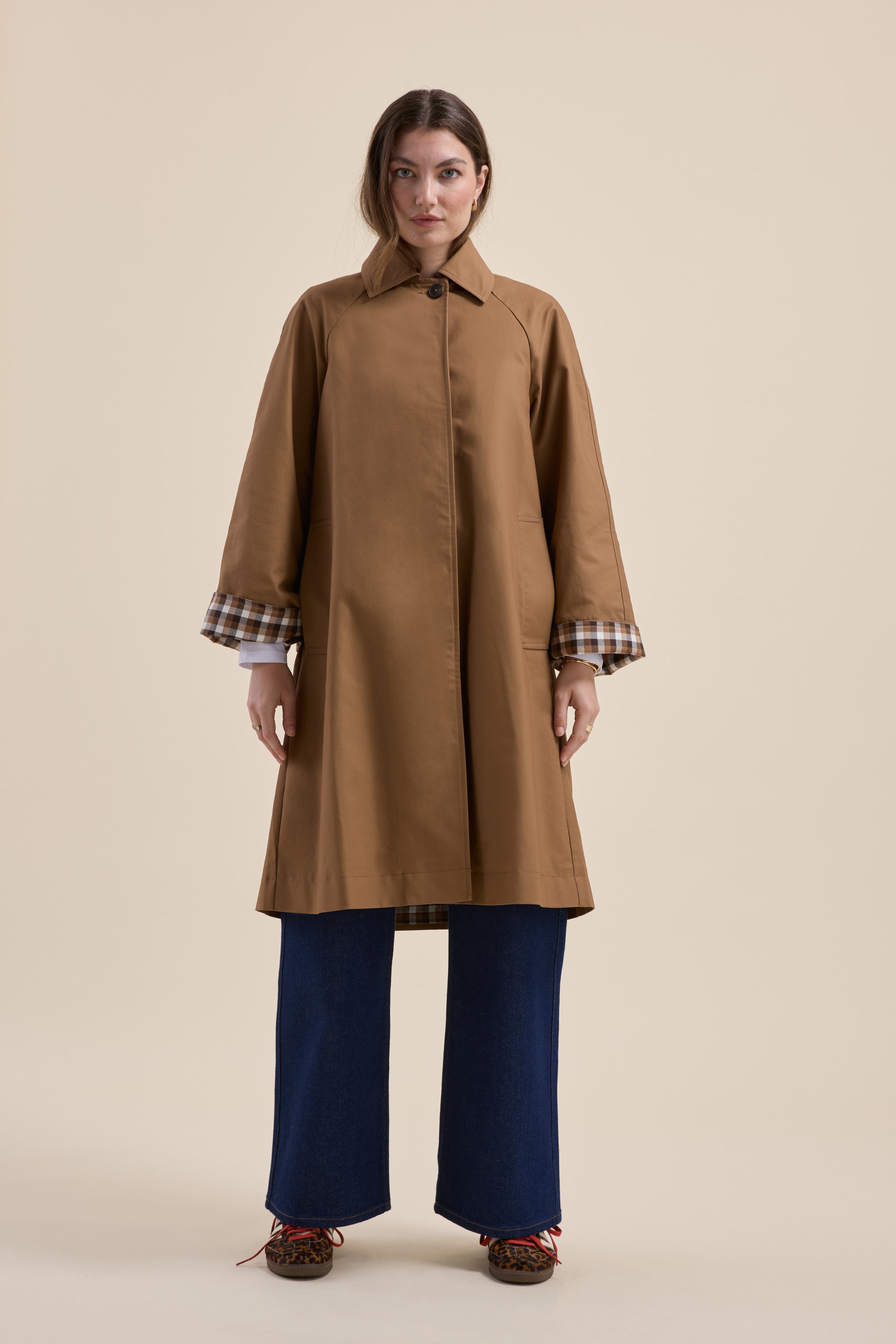 Woman in a Max London Trench Coat, plaid cuffs, wide-leg jeans, and brown shoes.