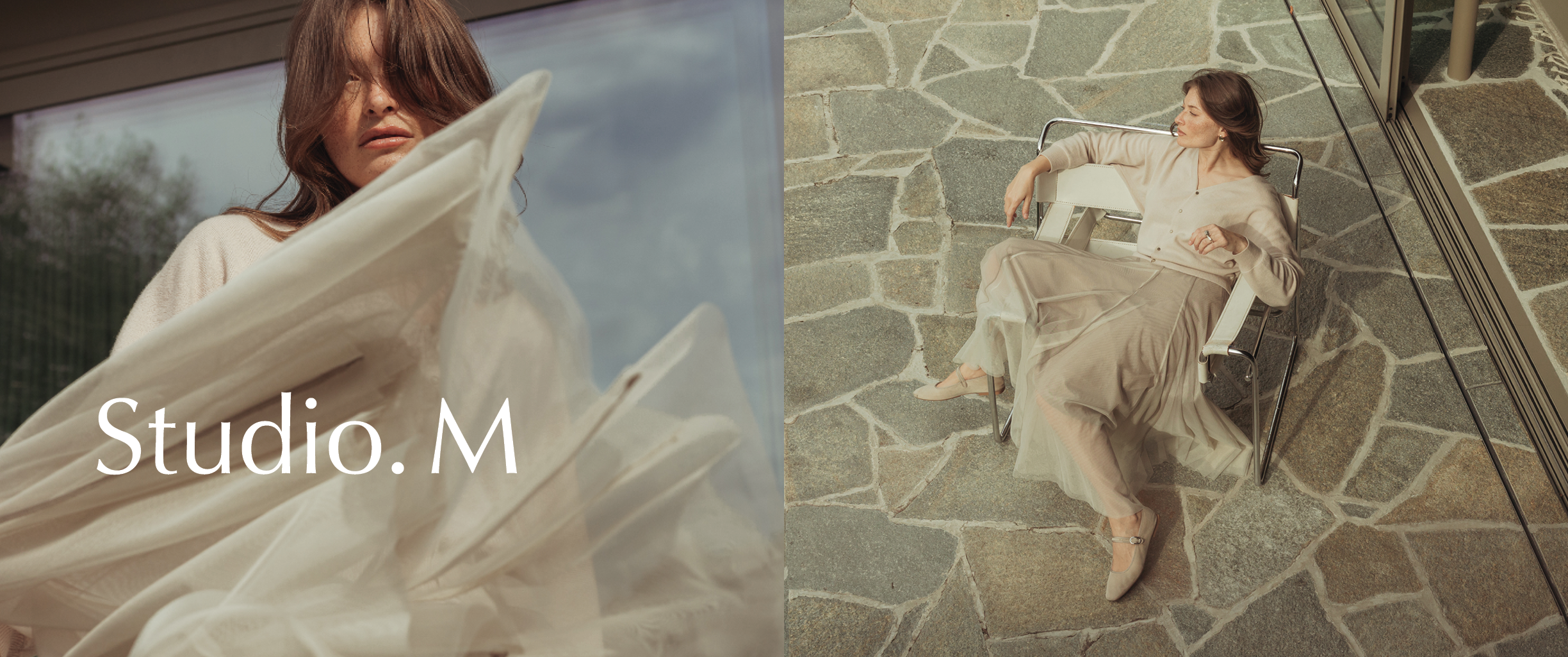 A woman in a light, flowing dress poses indoors and outdoors. On the left, she stands by a window with fabric swirling; on the right, she sits on a chair on a stone patio. The text Studio.M appears on the left.