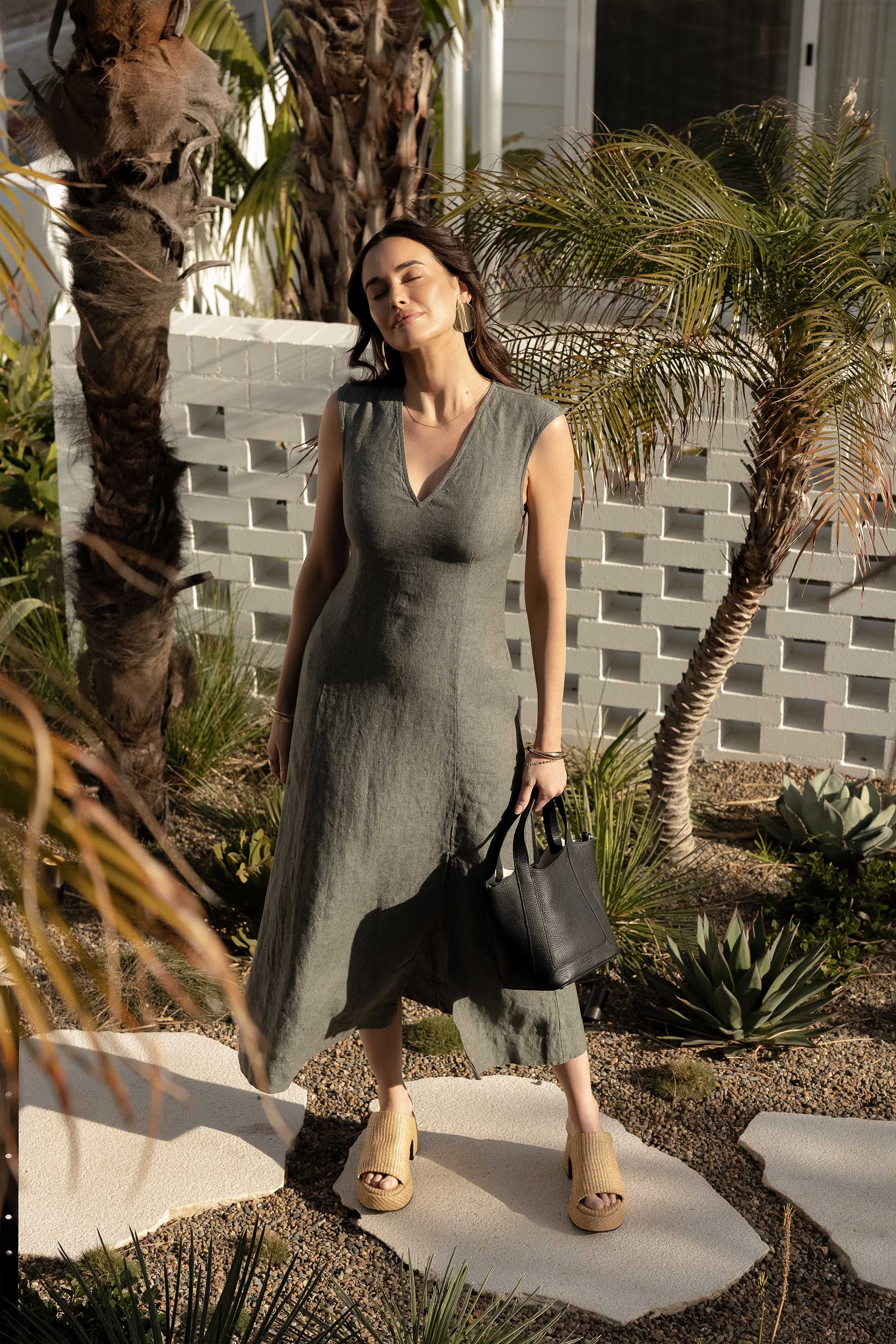 Shop Alice V Neck Linen Dress (Moss Green Marle) | Max Shop Alice V Neck Linen Dress (Moss Green Marle) | Max