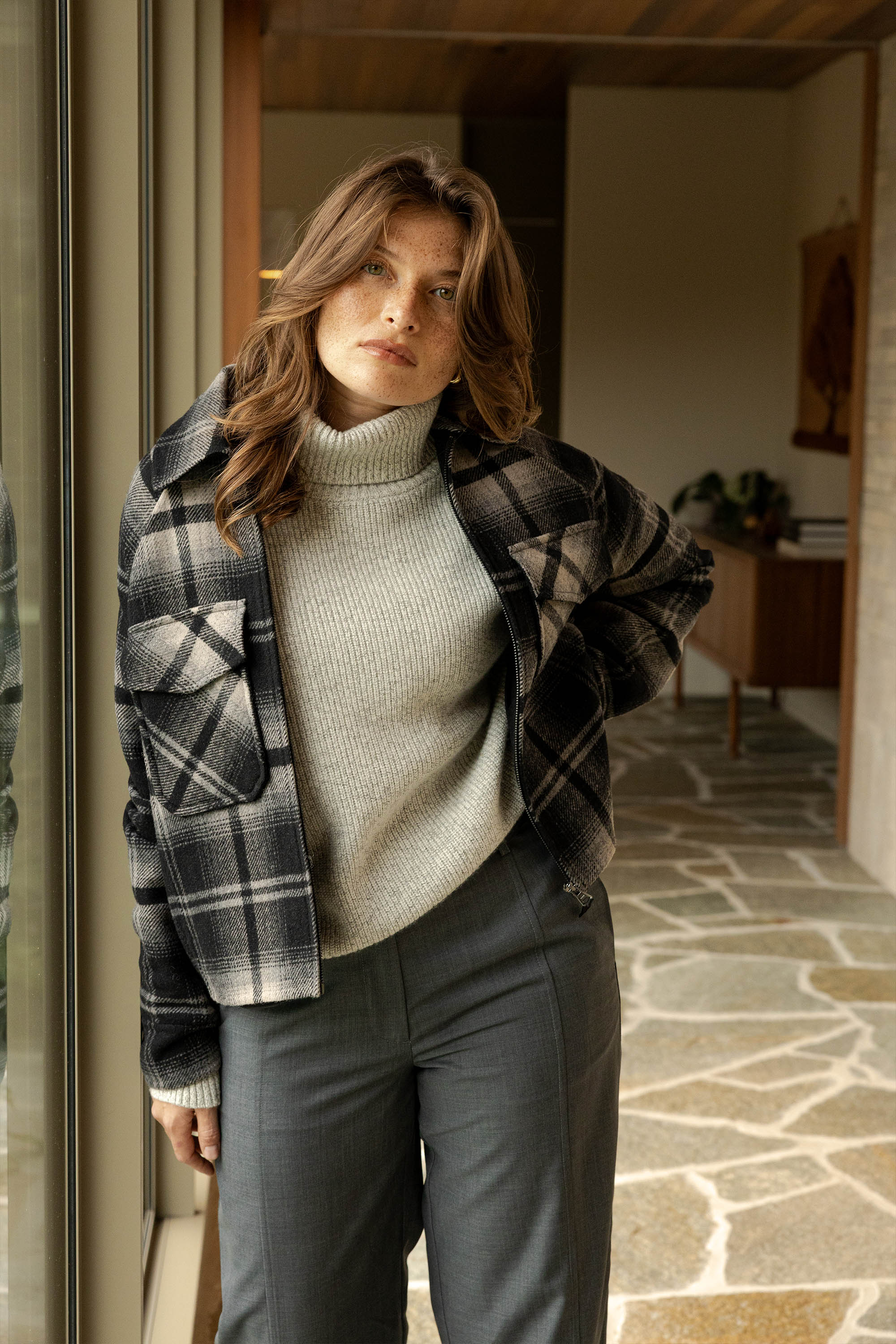 3530256 Black Check Wool Midi Coat