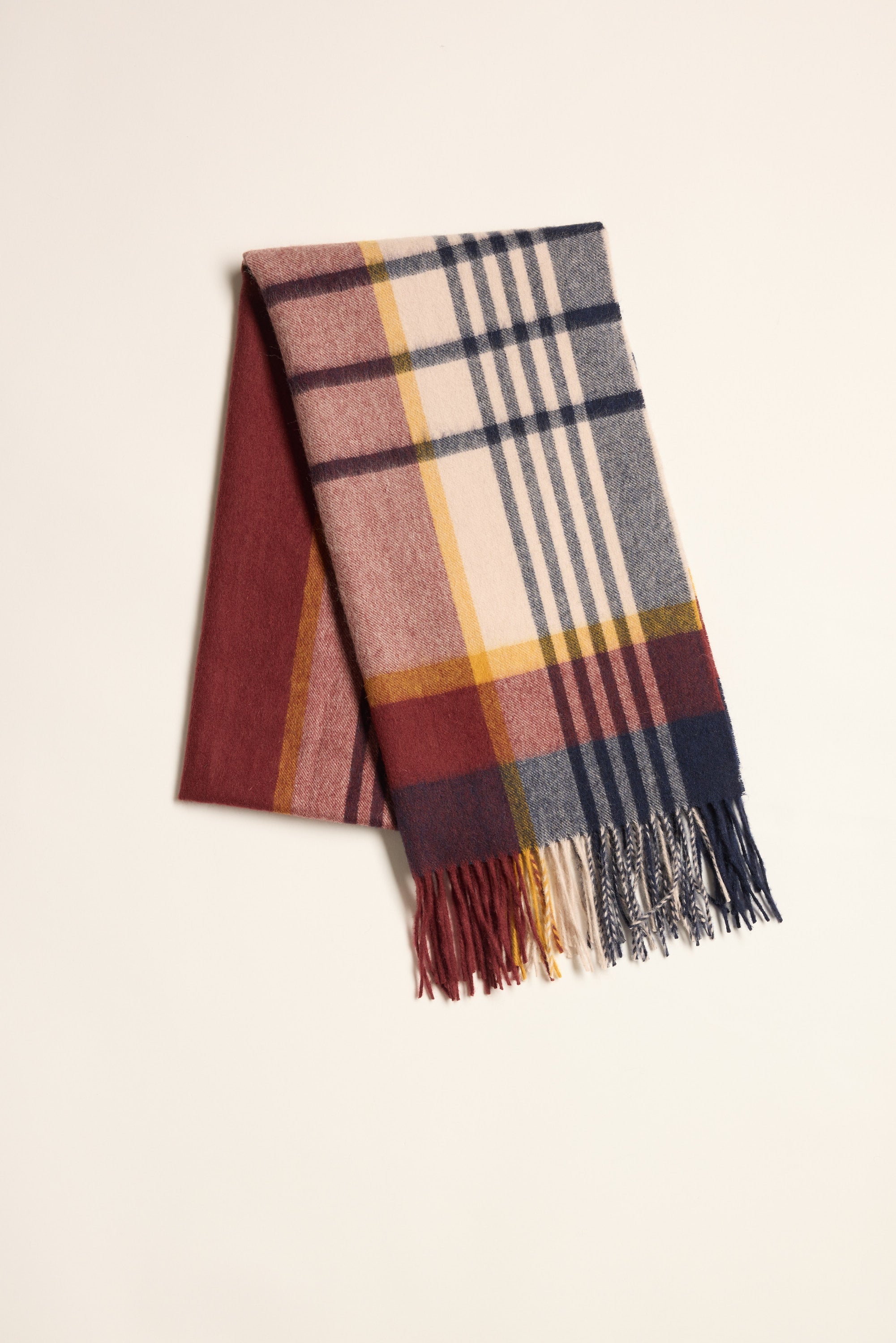 Max Maddie Brushed Check Scarf with burgundy, navy, yellow, and cream stripes and fringed ends.