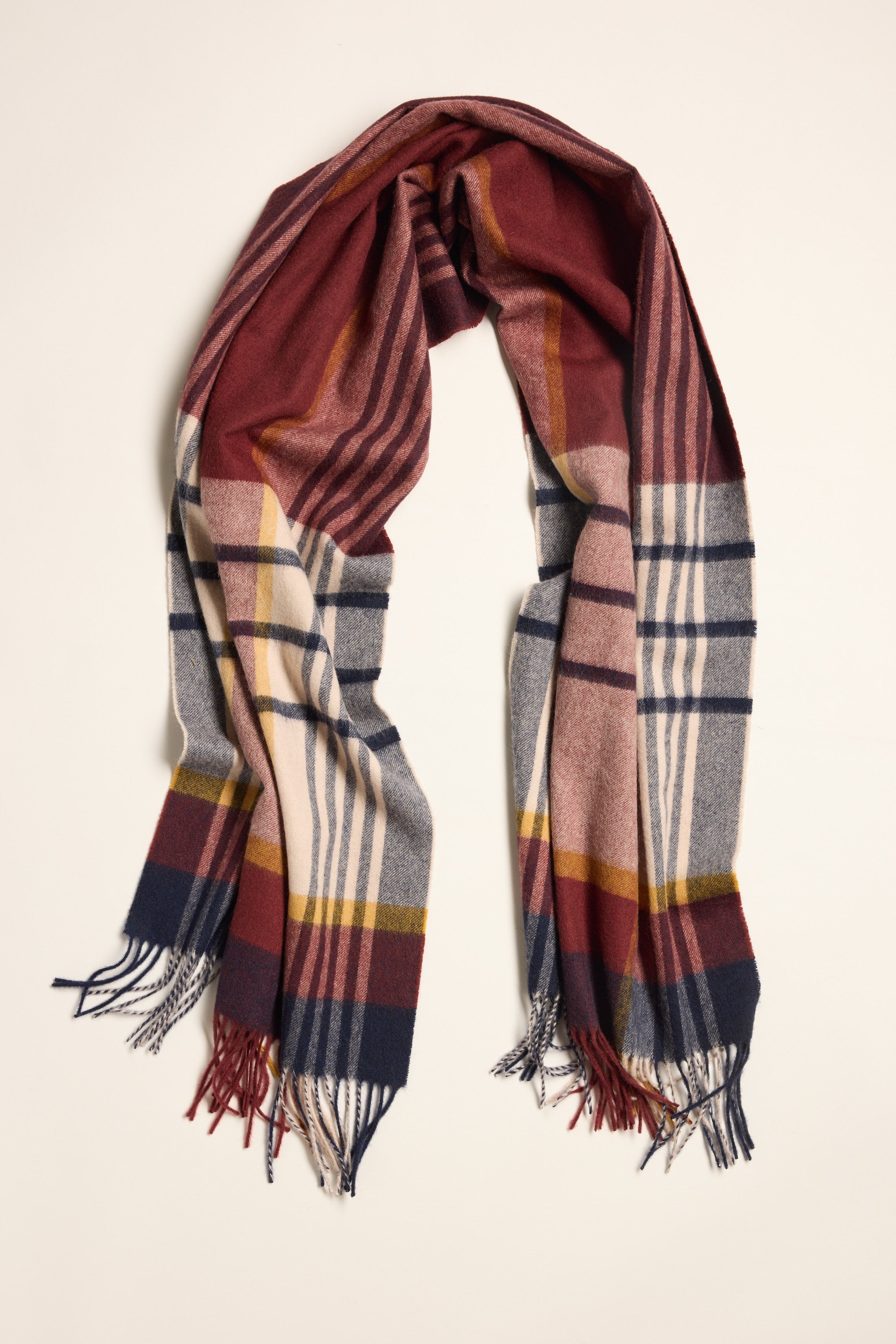 The Maddie Brushed Check Scarf by Max features red, navy, cream & yellow stripes—ideal for winter.