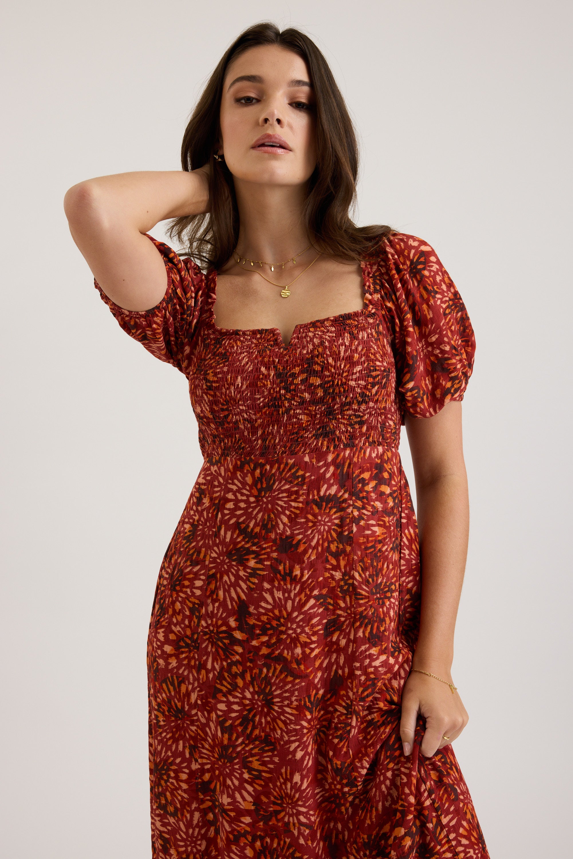 Shop Willow Shirred Detail Dress (Campfire Print) Max