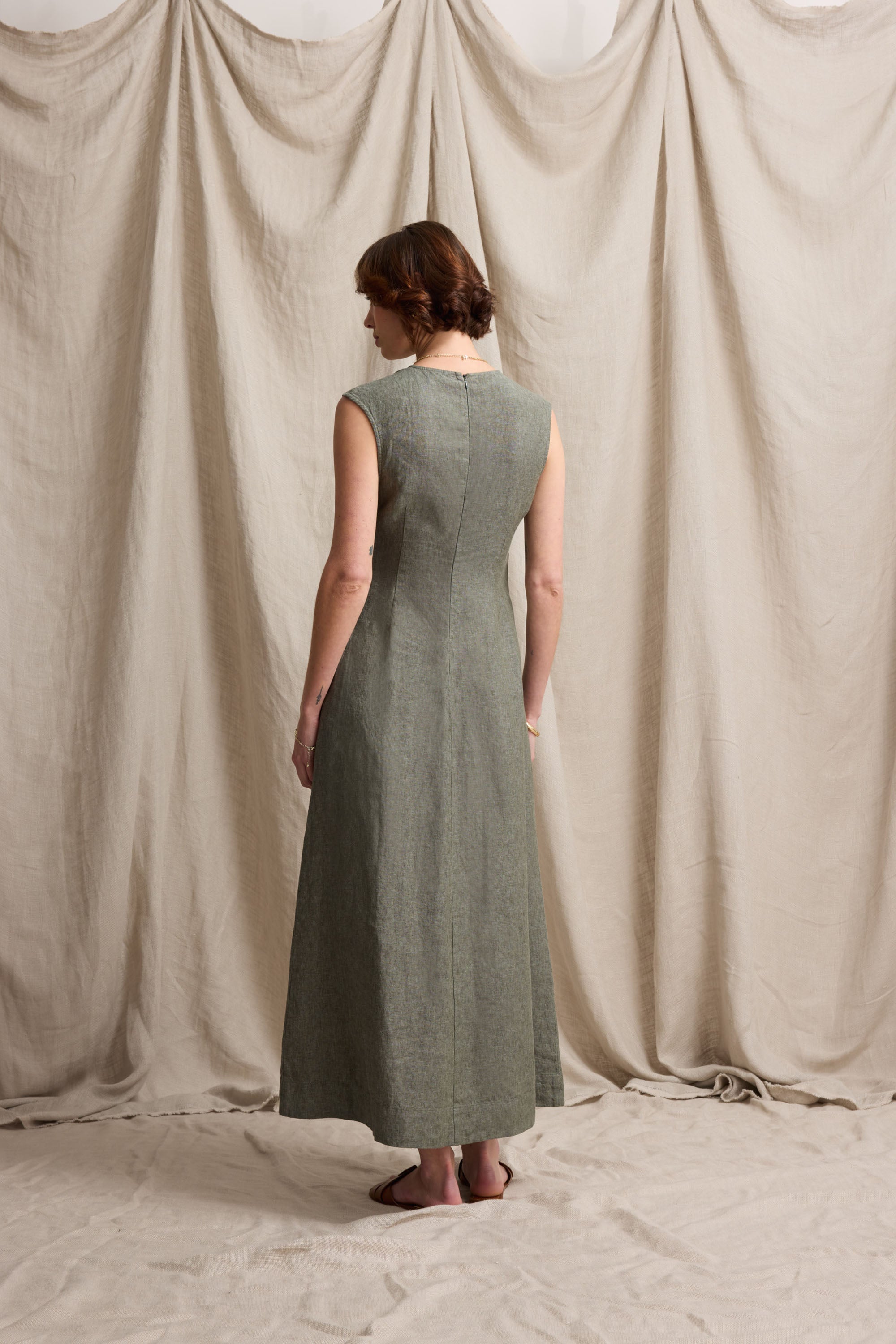 Shop Alice V Neck Linen Dress (Moss Green Marle) | Max Shop Alice V Neck Linen Dress (Moss Green Marle) | Max