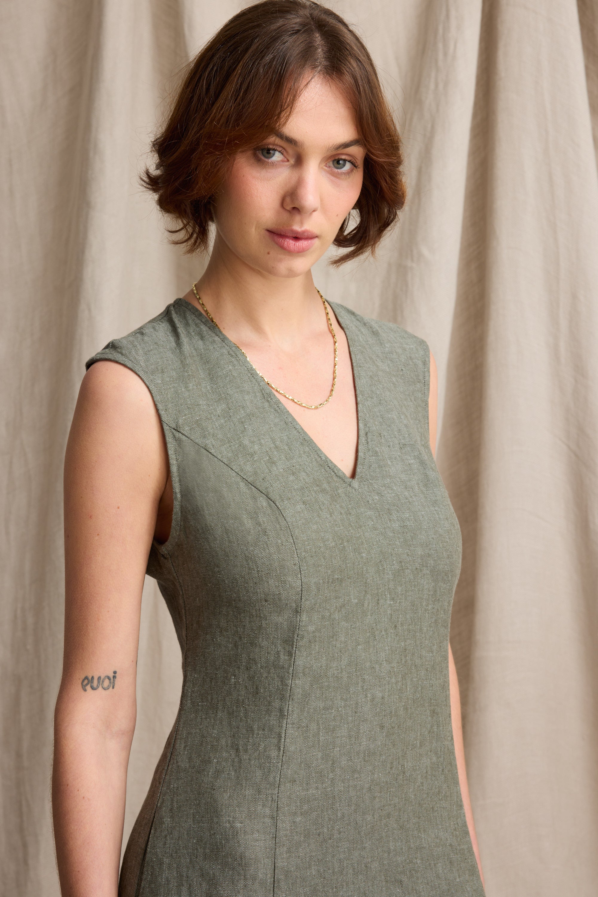 Shop Alice V Neck Linen Dress (Moss Green Marle)