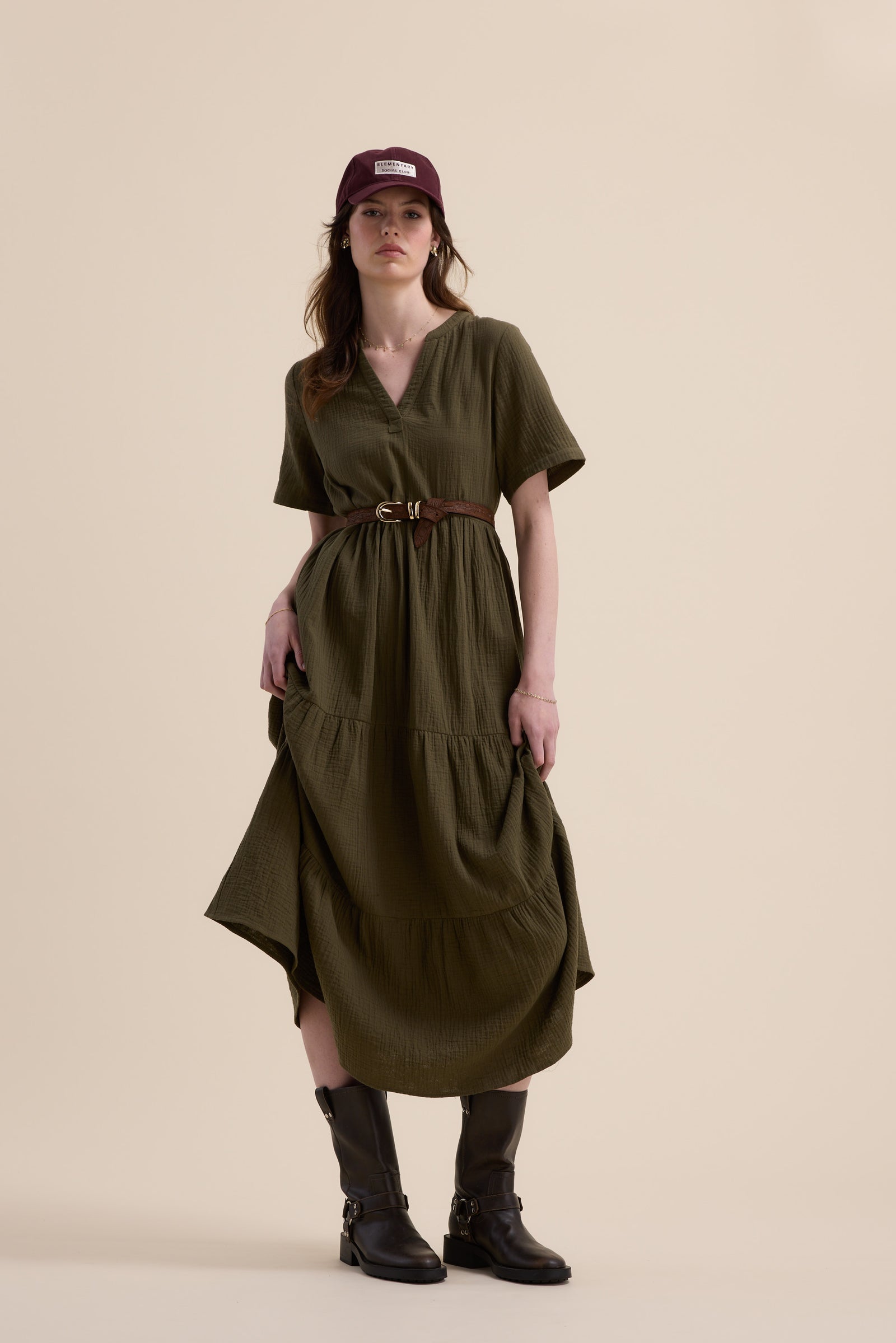 Shop Elementary Textured Tiered Dress (Summer Khaki)