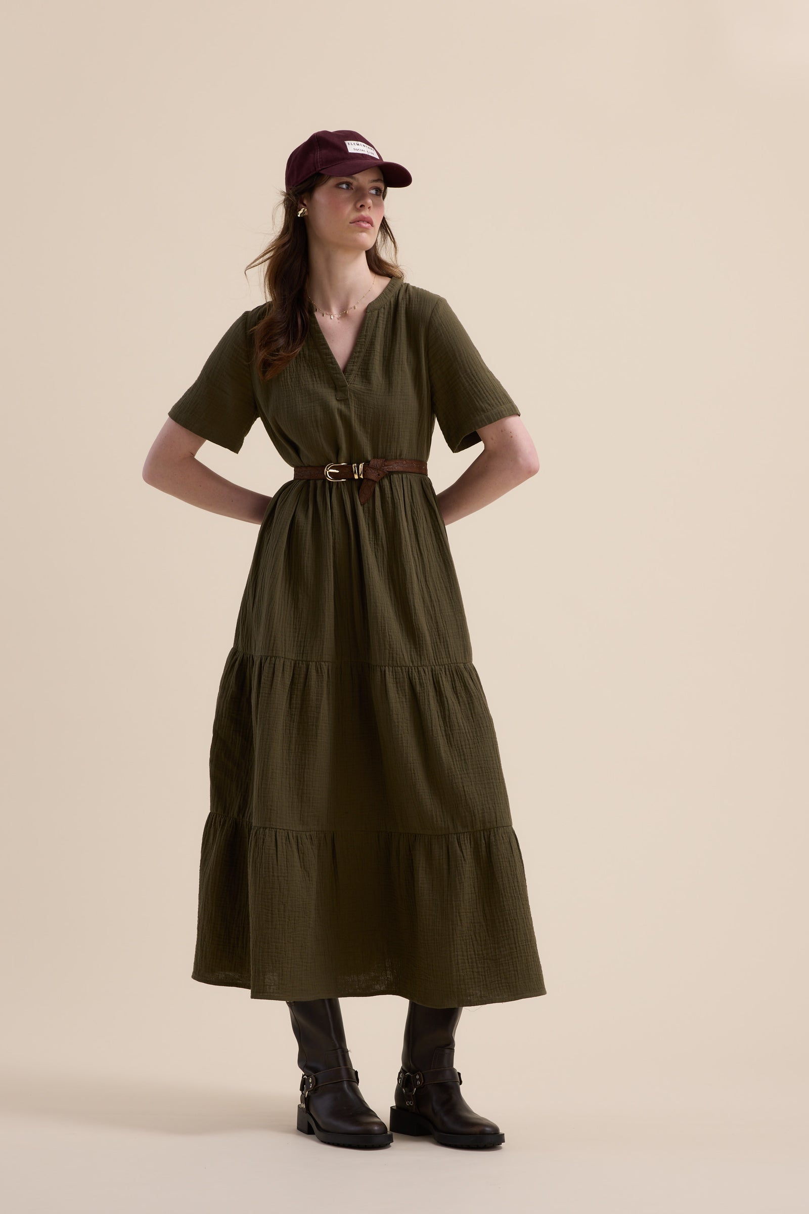 Shop Elementary Textured Tiered Dress (Summer Khaki)