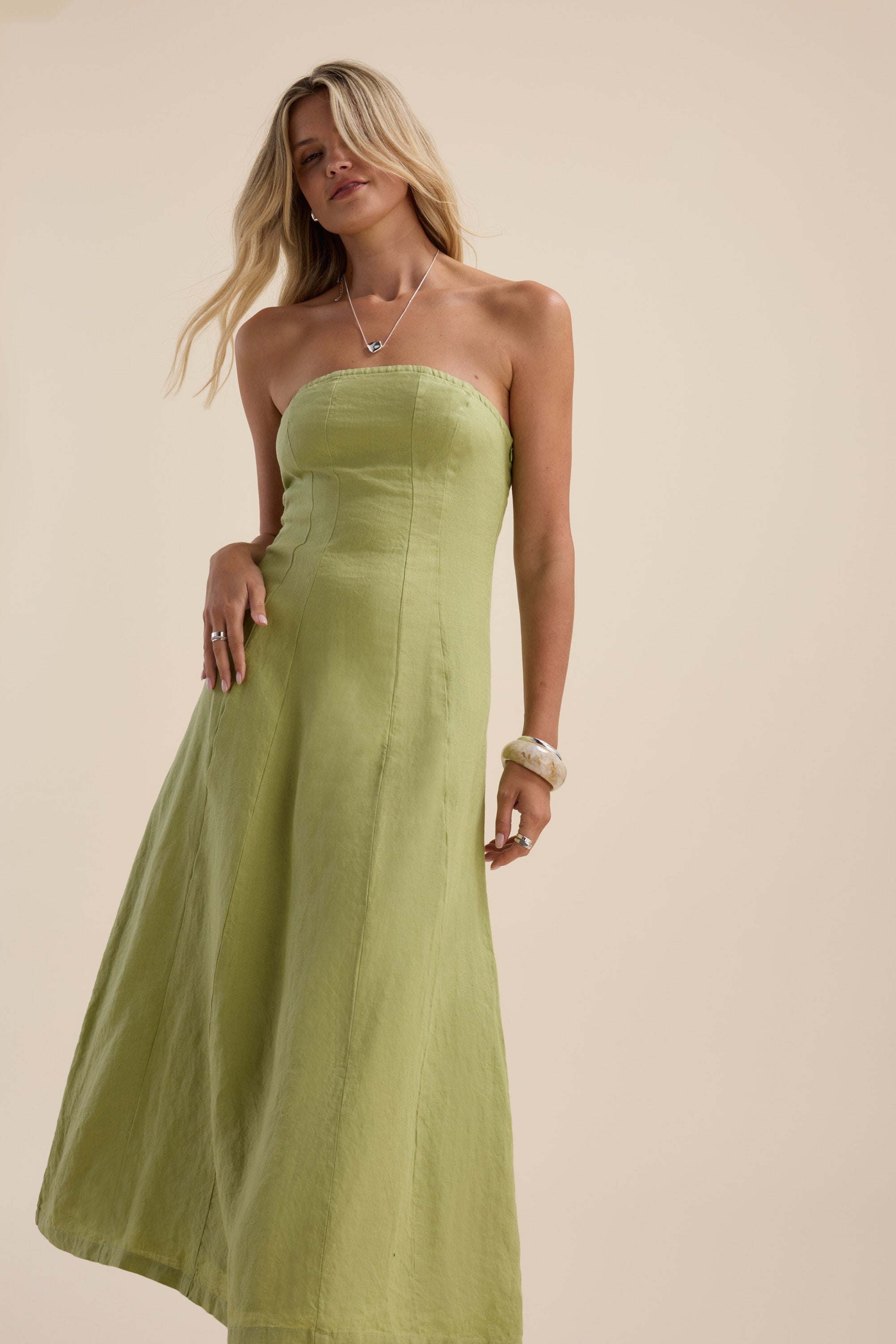Shop The Linen Studio Strapless Dress (Apple Green)