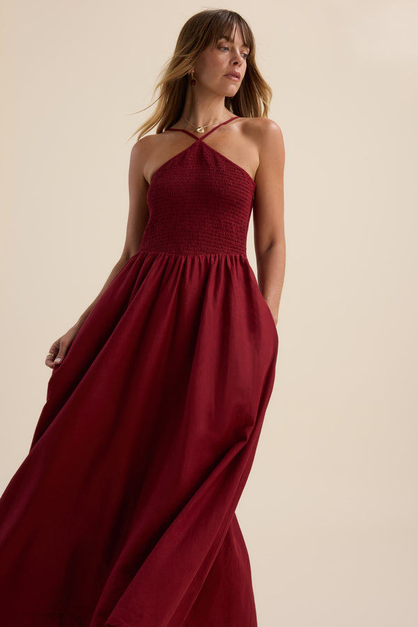 The Linen Studio Shirred Halter Dress