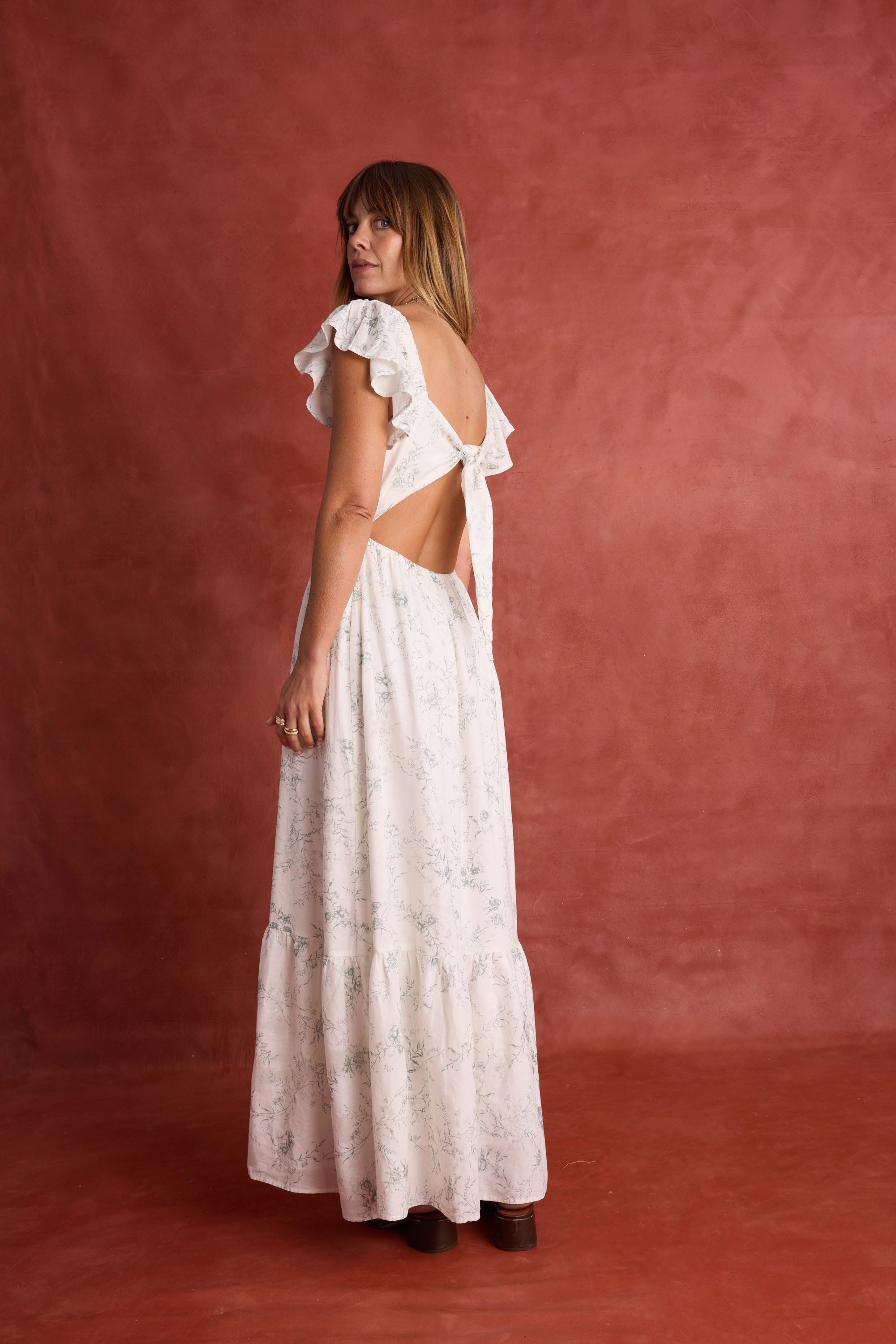 Shop Noa Frill Sleeve Dress (Sage Botanical)