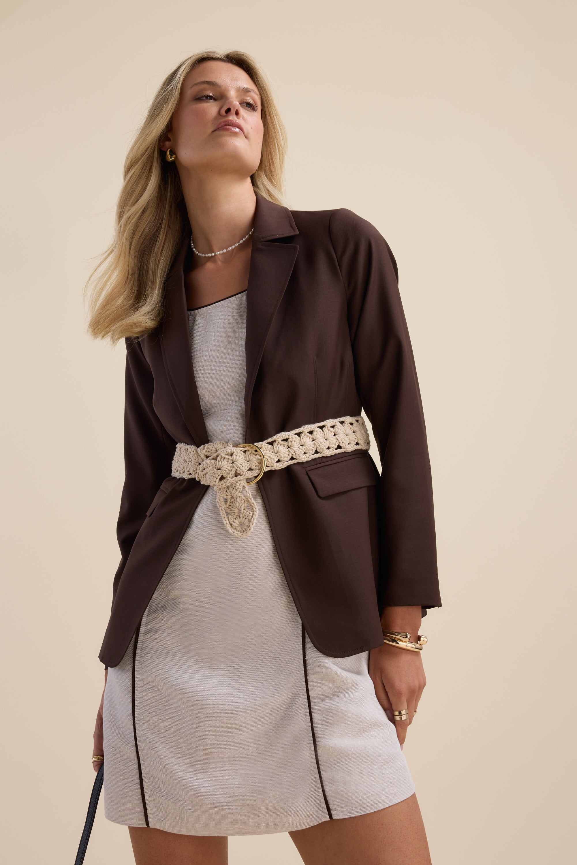 Shop The Contrast Detail Mini Dress (Light Stone Marle/Choc Chip)