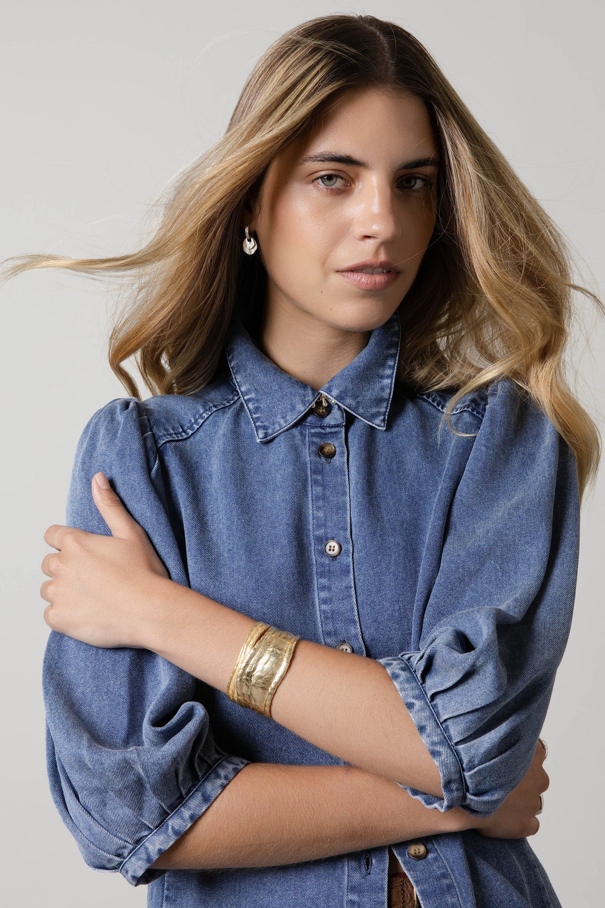 Shop Ruby Denim Gather Sleeve Shirt (Washed Indigo) | Max