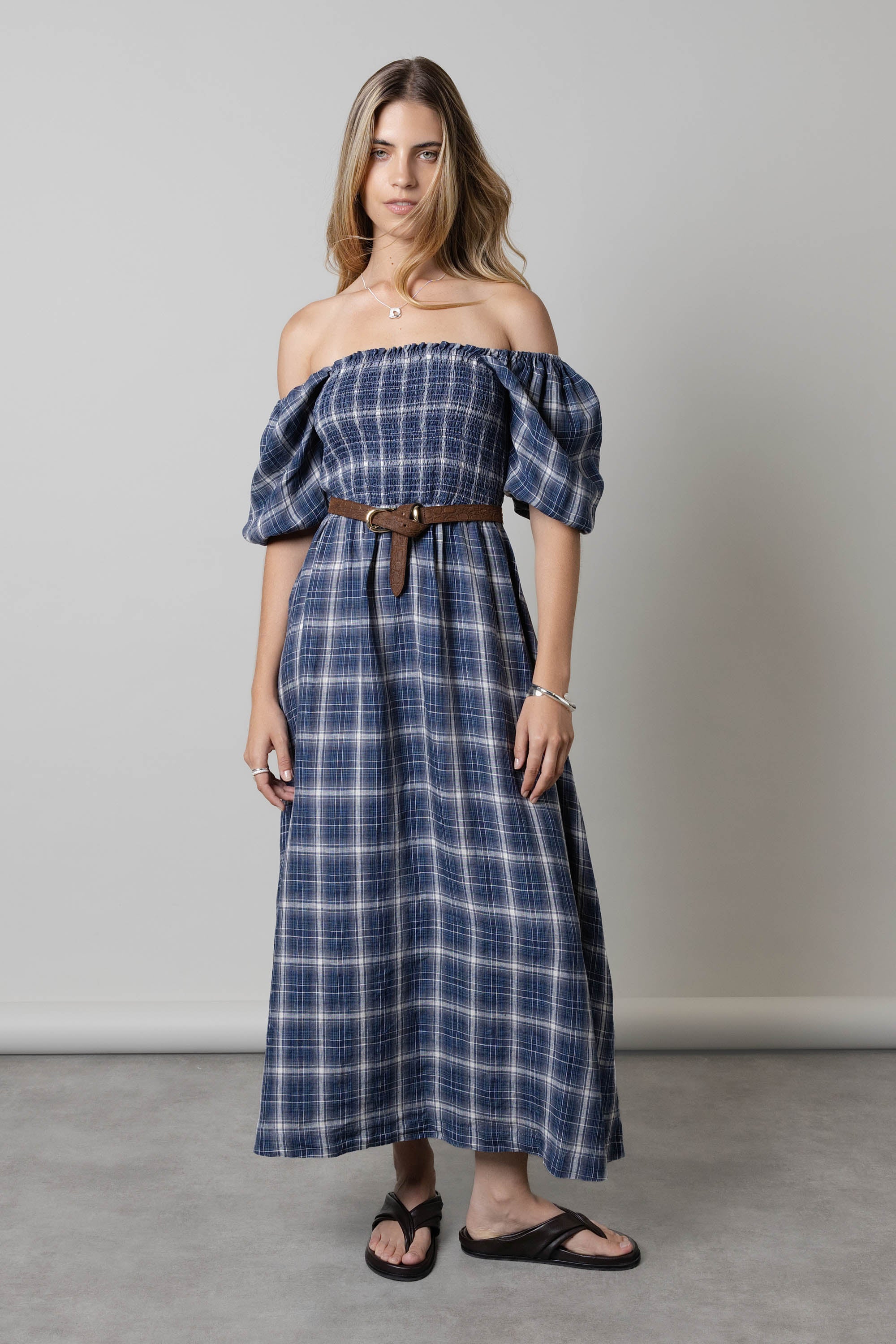 Shop Sienna Shirred Bodice Dress (Denim Check)
