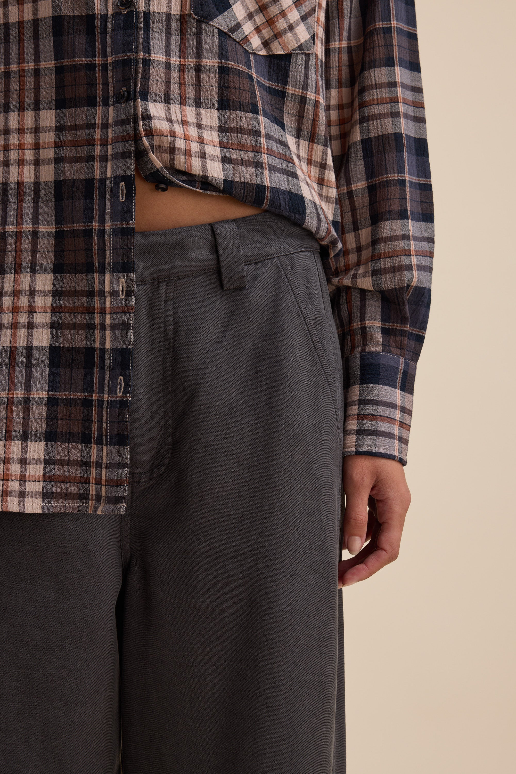 Person in plaid shirt and Elementary Panelled Barrel Pants; midsection and right hand visible.