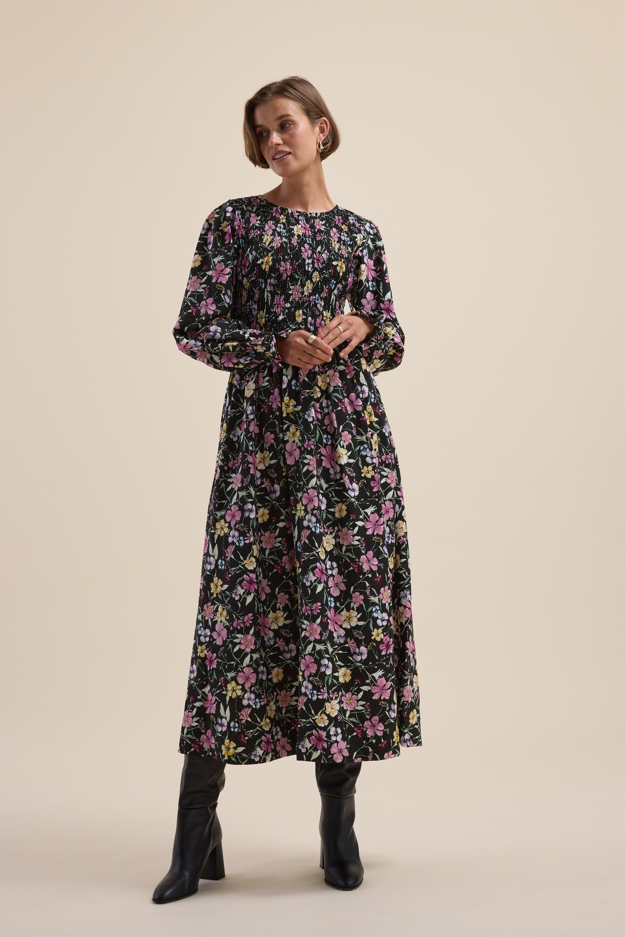 Shop Brooke Shirred Long Sleeve Dress (Winter Wildflower) | Max