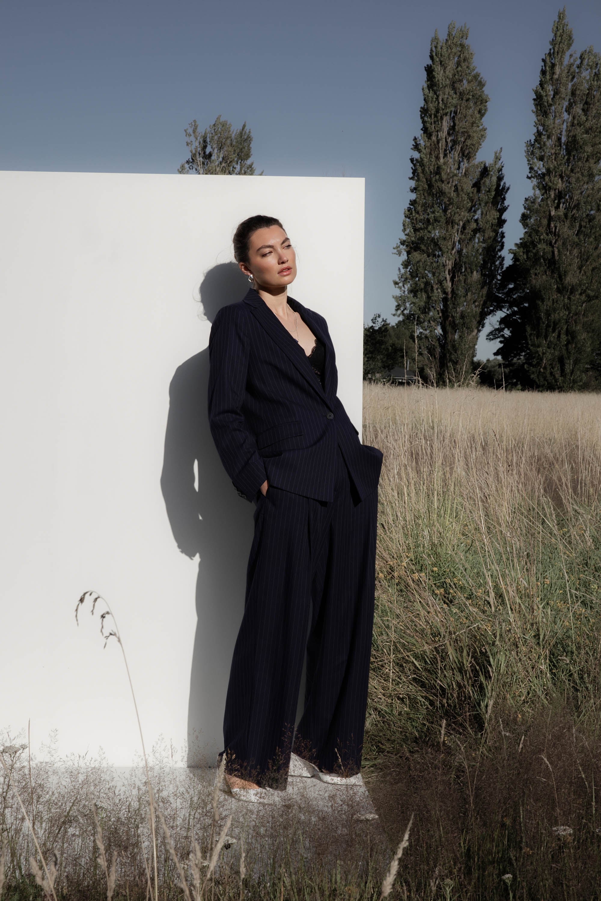 Shop The Pleat Detail Wide Leg Pant (Navy Pinstripe) | Max