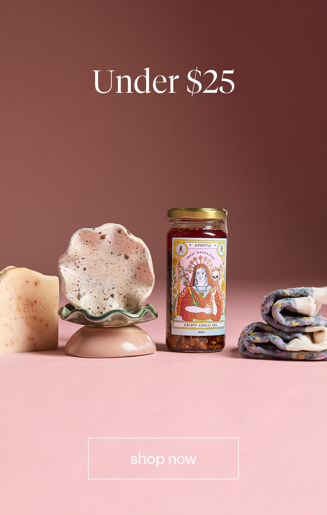 Assorted NZ gift items under $25 on pink background with shop now button.