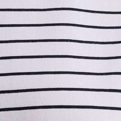 White NZ fabric with evenly spaced horizontal black stripes.
