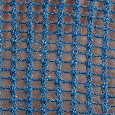 Close-up of blue NZ knitted or crocheted mesh fabric with a grid-like pattern.