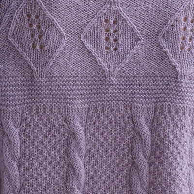 NZ lavender knit fabric with diamond and cable patterns in textured stitches.