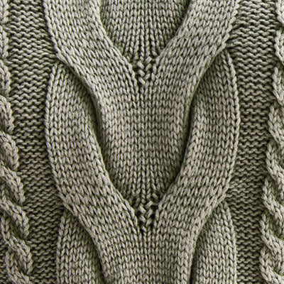 Close-up of a gray NZ knitted fabric with a braided, cable-knit pattern.