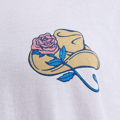 Yellow cowboy hat with a pink rose, blue stem, and NZ motif on a white fabric background.