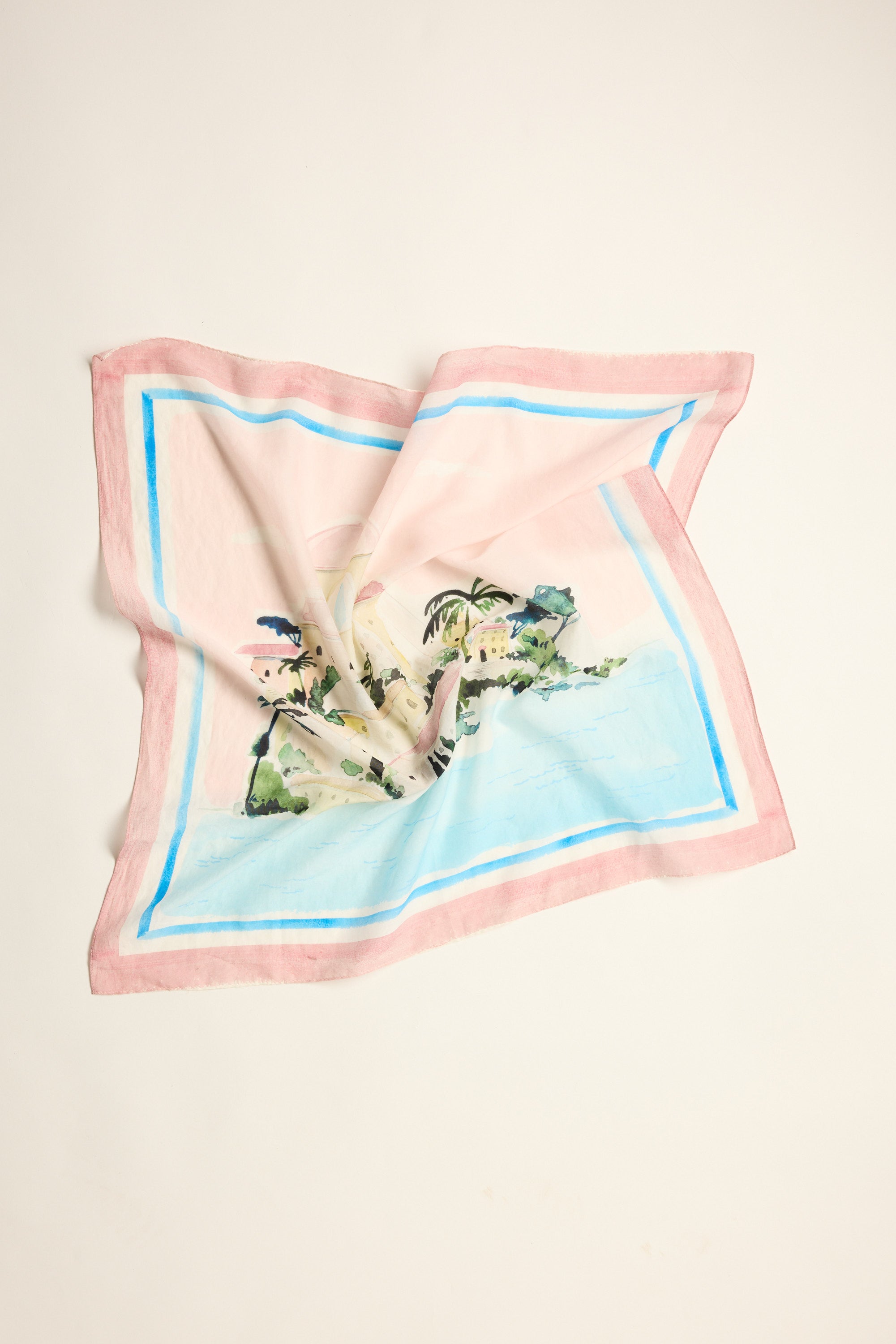 Max Portia Silk Blend Square Scarf in light pink with blue border and tropical island print.
