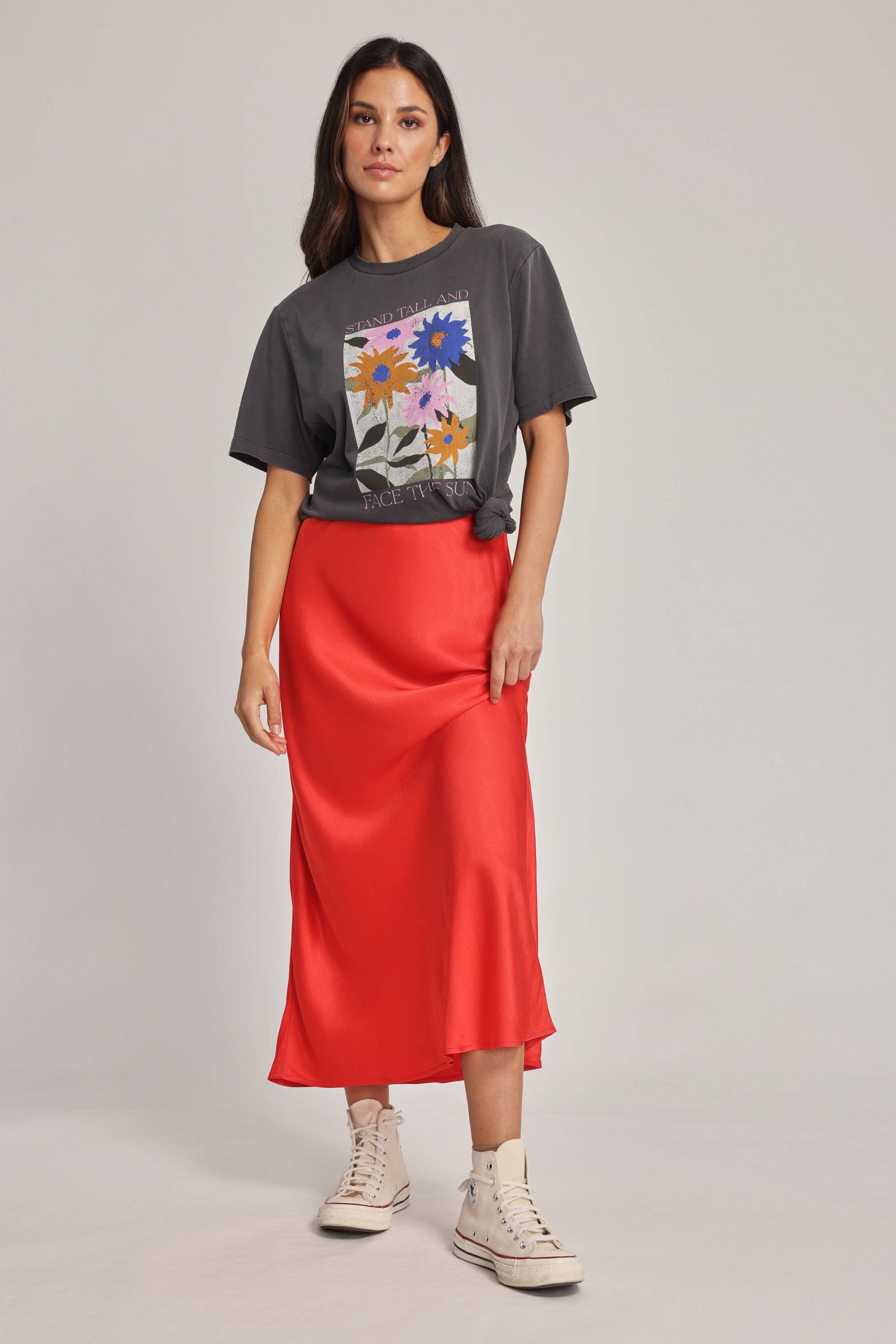 Orange silk deals midi skirt