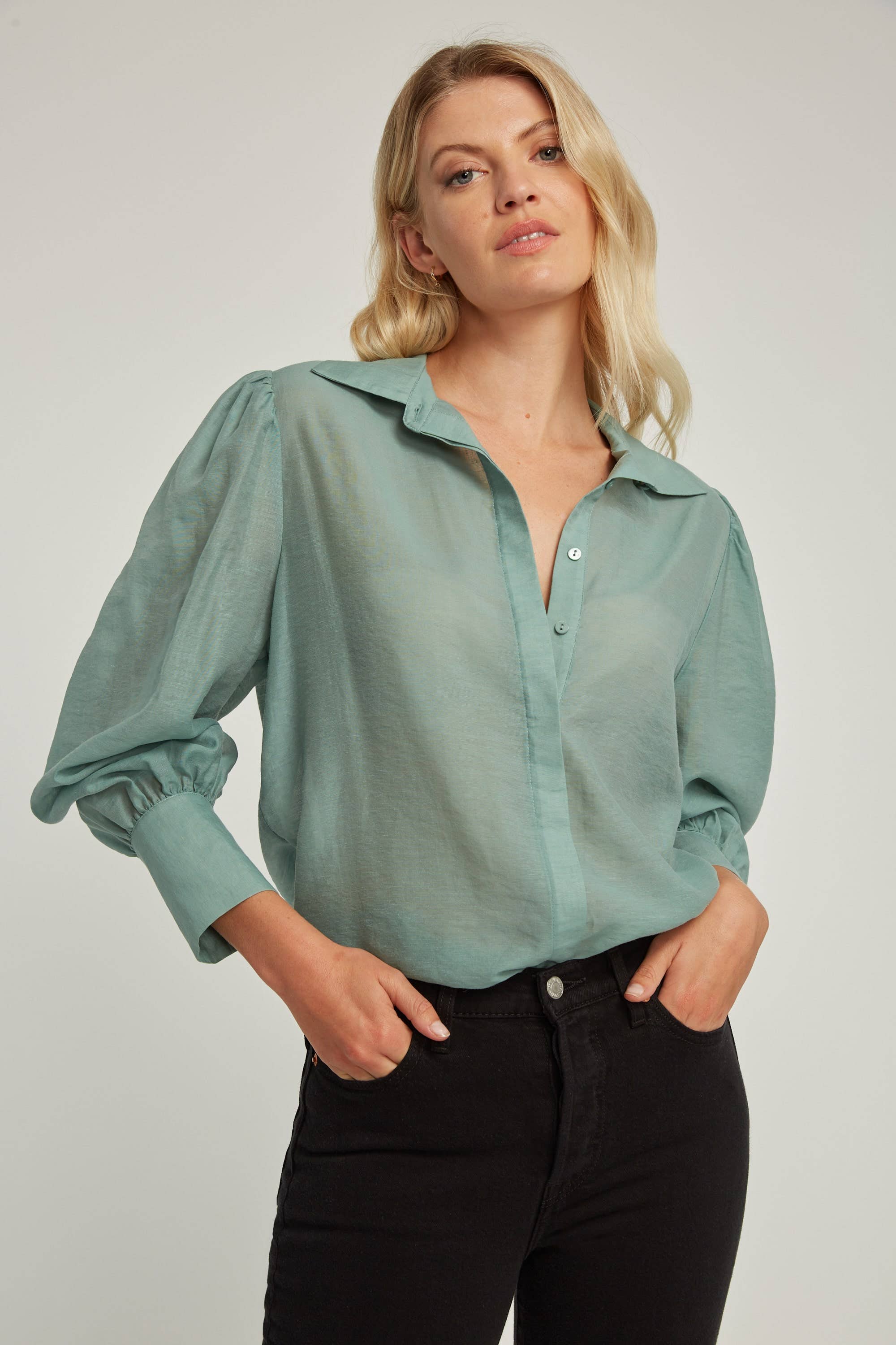 Shop Lauren Gather Sleeve Shirt in Green | Max Women's Fashion NZ