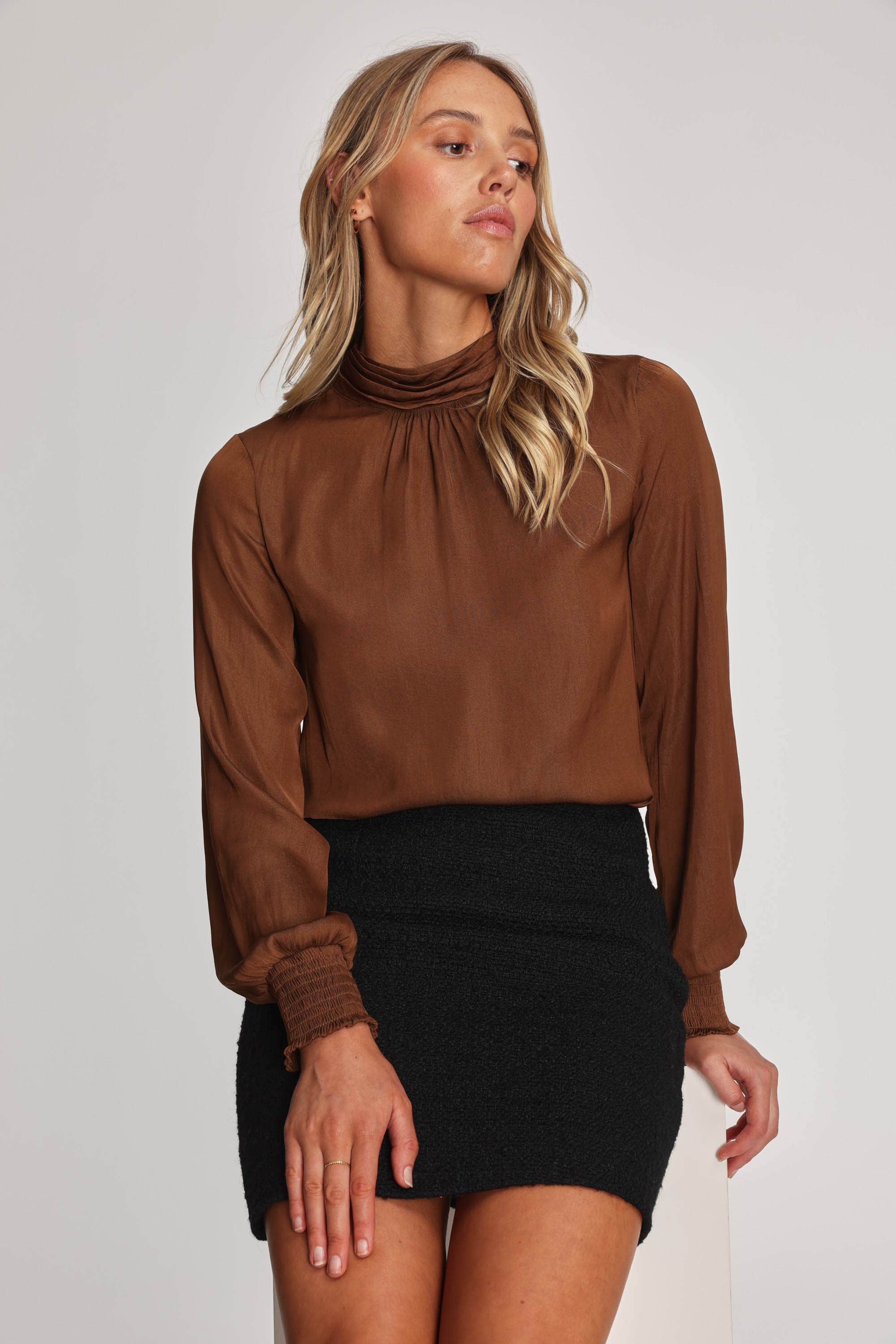 Shop Ensley Tie Neck Blouse in Brown