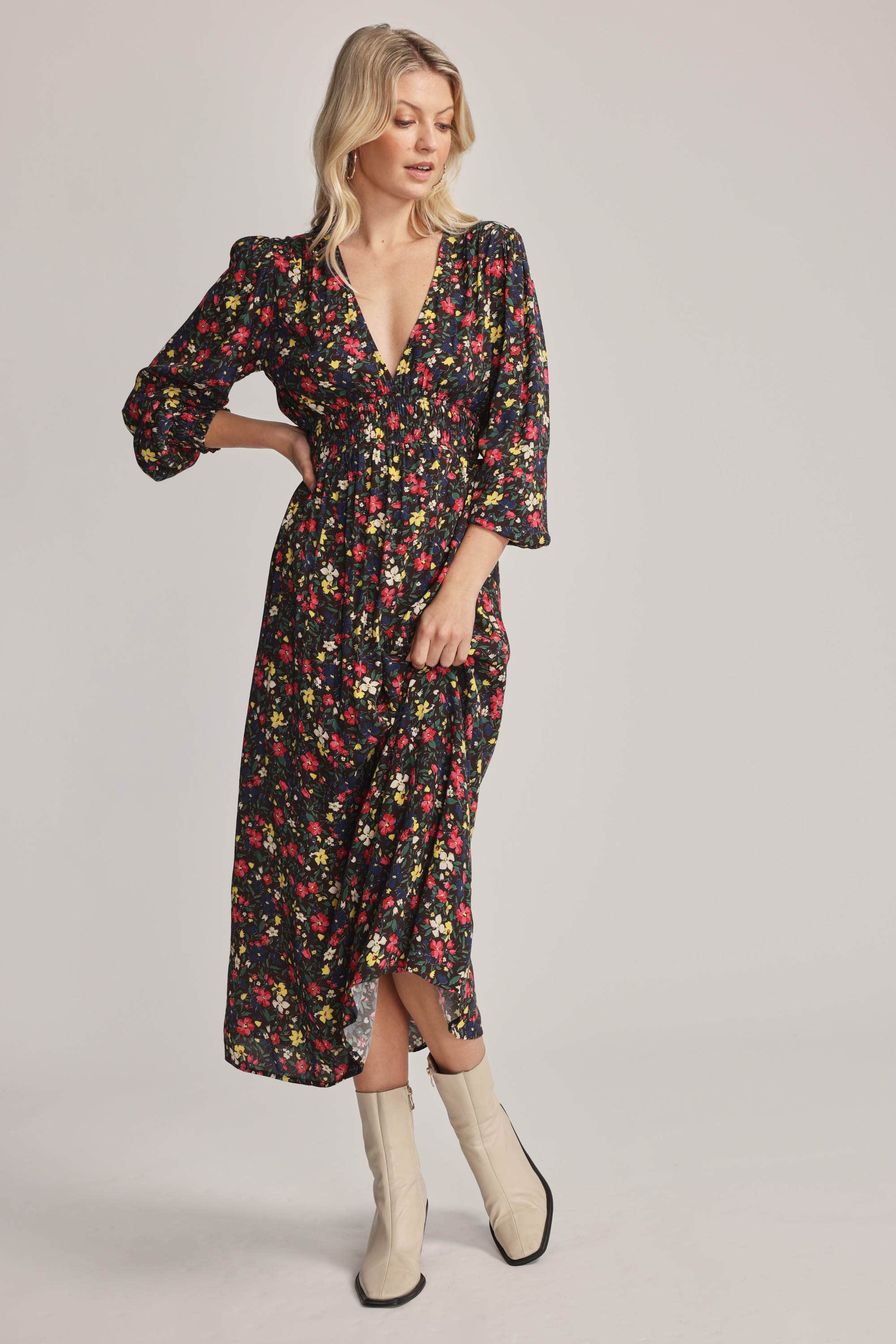 Shirred waist scarf print maxi dress on sale