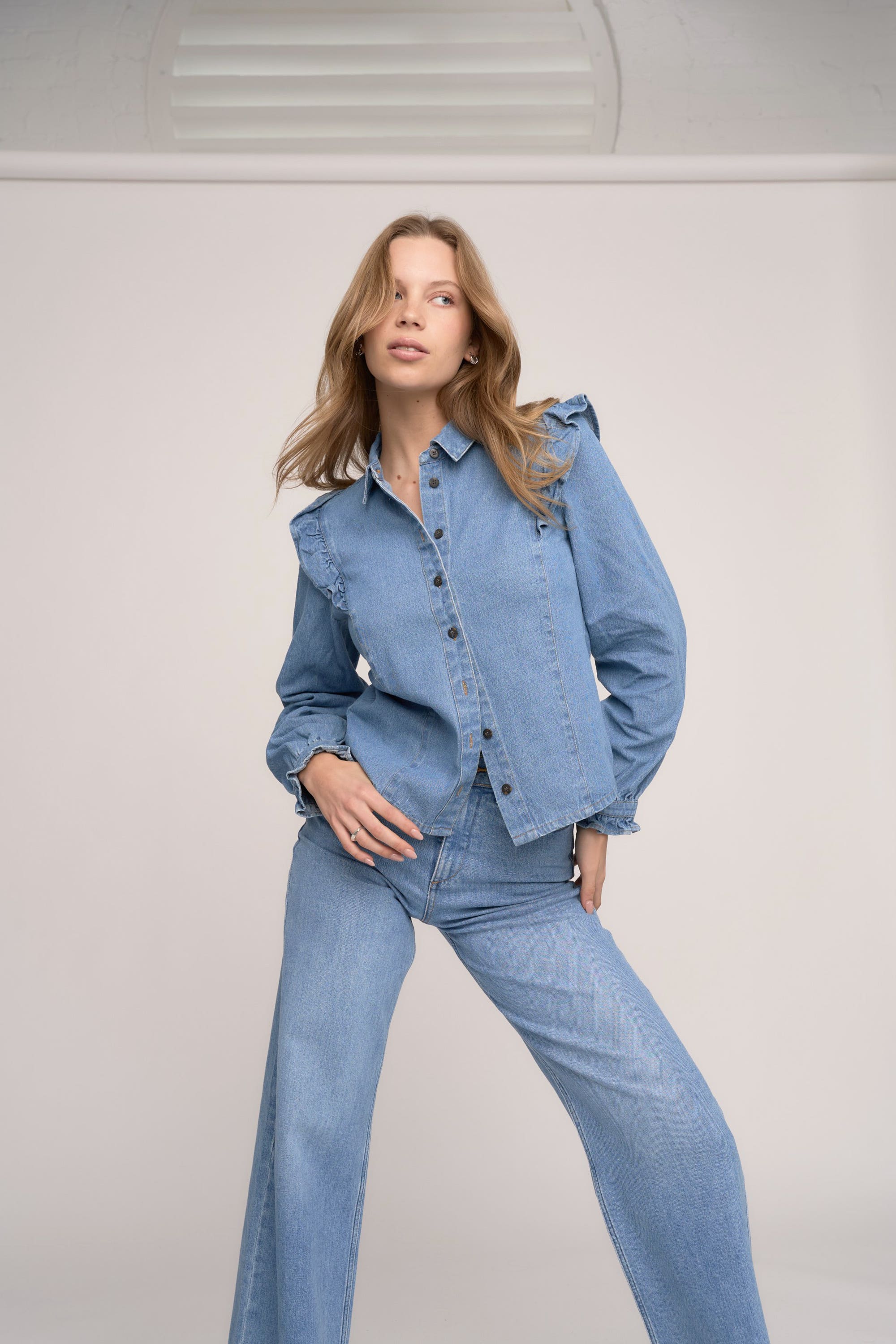 Shop Reign Denim Ruffle Shirt in Denim Max Women s Fashion NZ